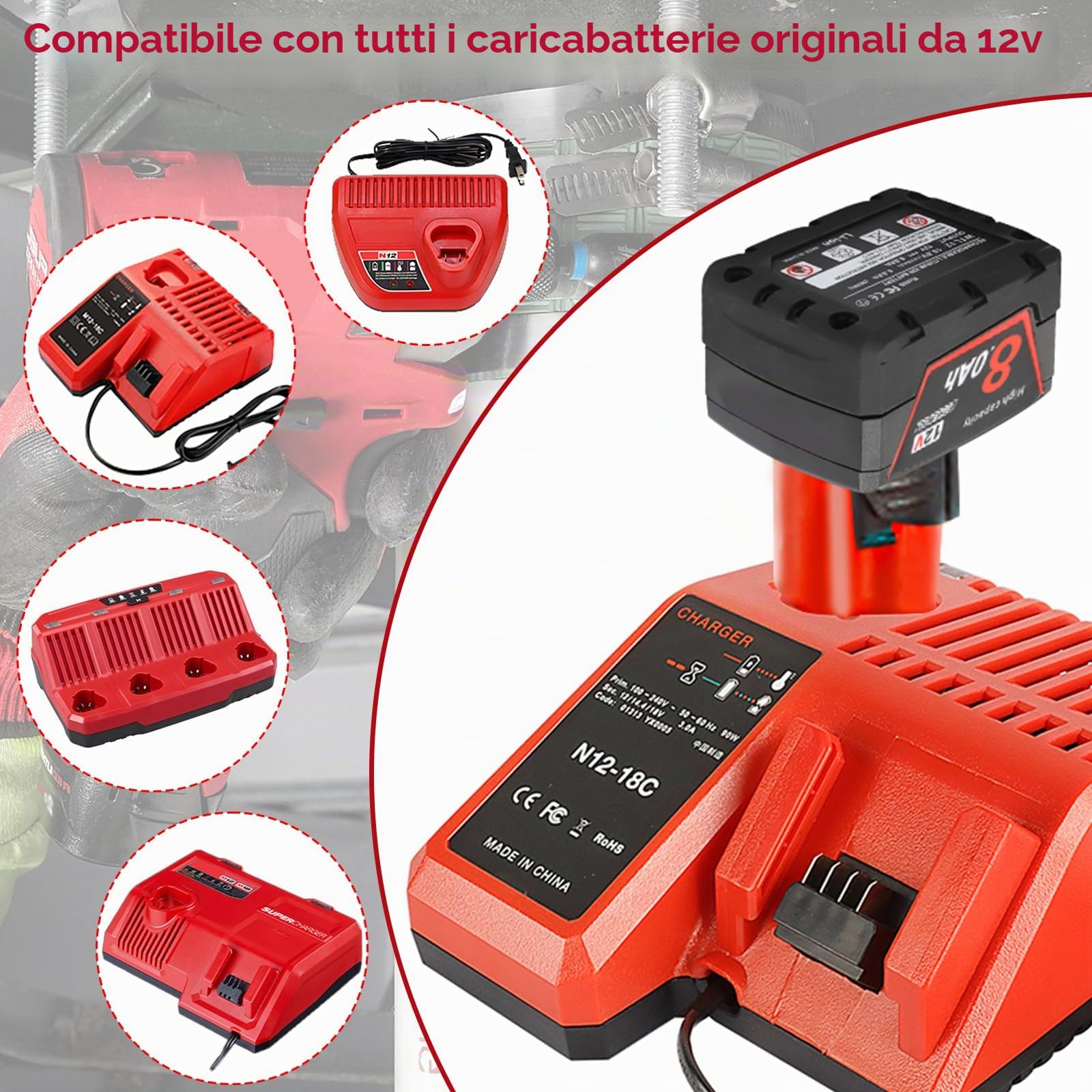 Powarobor 2x M12 12V 8.0Ah Batteria Compatibile Con Milwaukee 12V Utensili | 8000mAh,con indicatore LED,Batteria di ricambio per Milwaukee XC 48-11-2402, 48-11-2420, 48-11-2460
