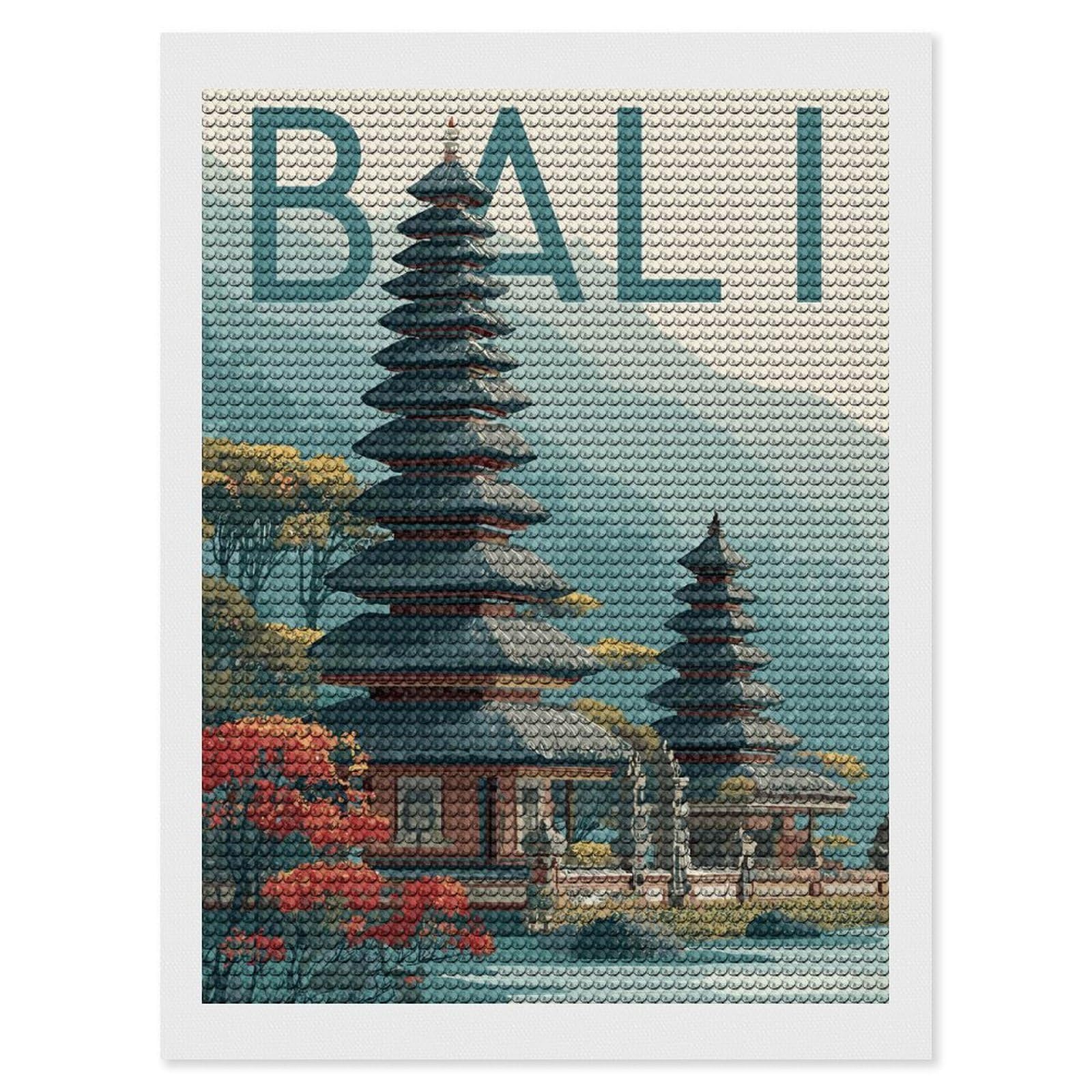 Junmoney Bali Temple Illustration Diamond Painting Canvas Kit 12"x16", Relaxing DIY, Modern Decor, Aesthetic Room Decor, Home Wall Art, Wall Art Gift