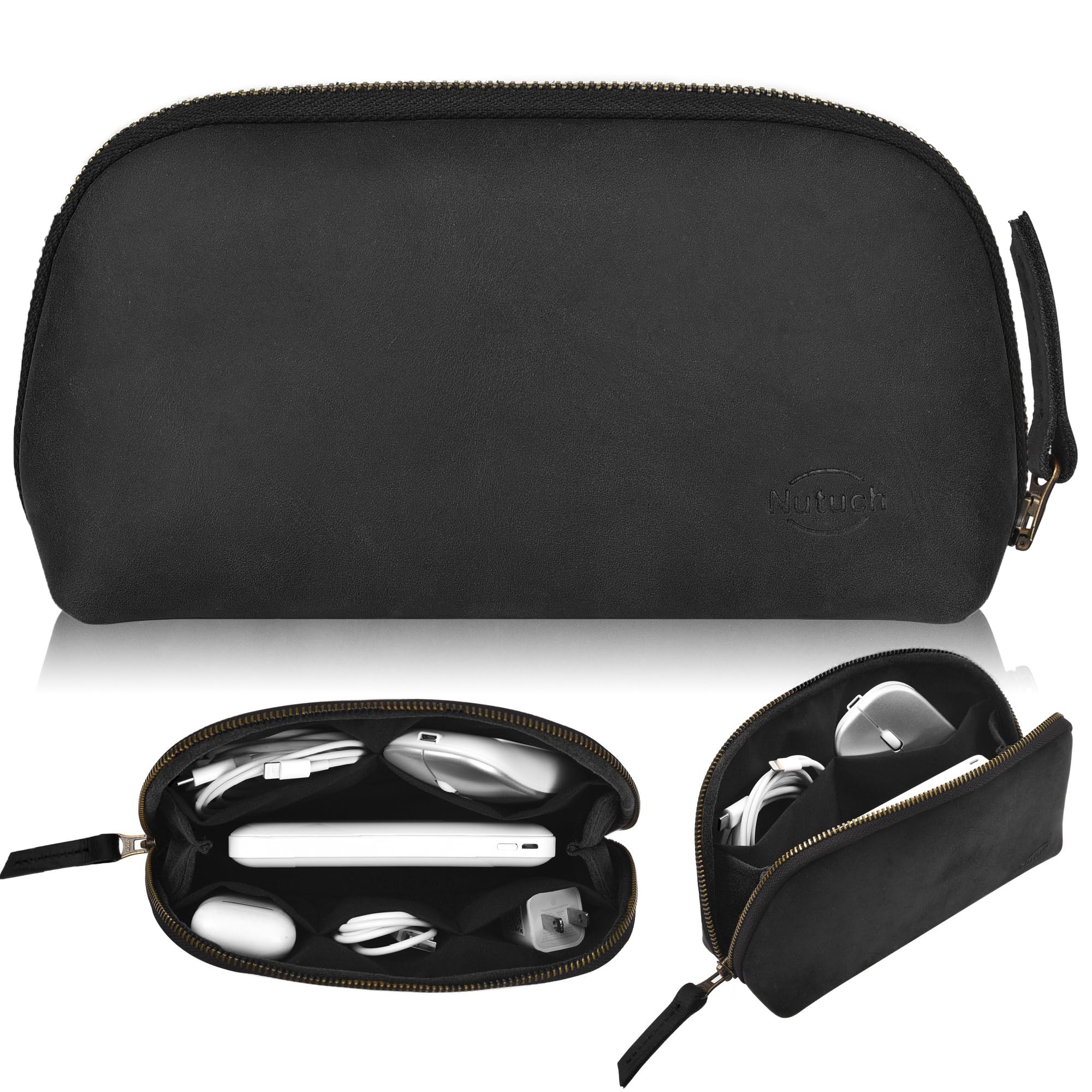 Funda de cuero para cables, cargadores de teléfono, bolsa tecnológica, bolsa de accesorios de viaje con cremallera, organizador electrónico, bolsa de viaje (negro)