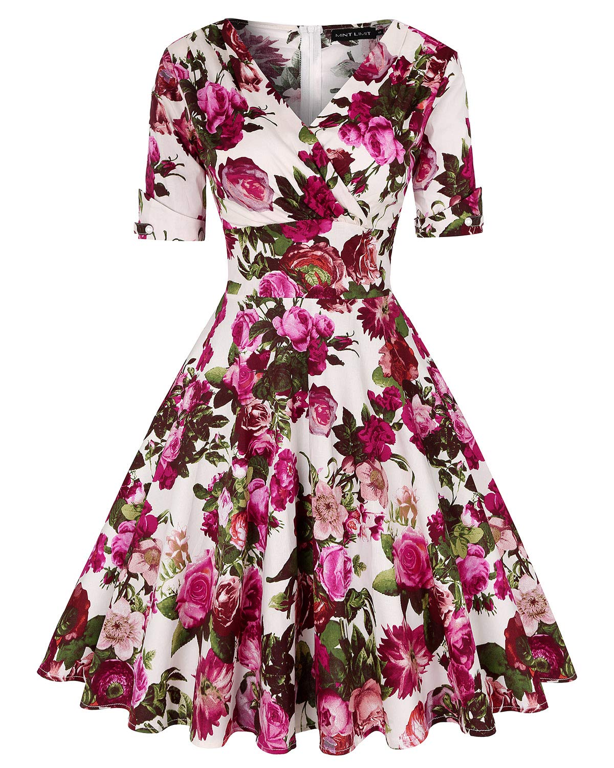 MINTLIMIT Vintage Tea Dress 1950's Floral Spring Garden Retro Swing Prom Party Cocktail Dress for Women (Floral Fuchsia,Size S)