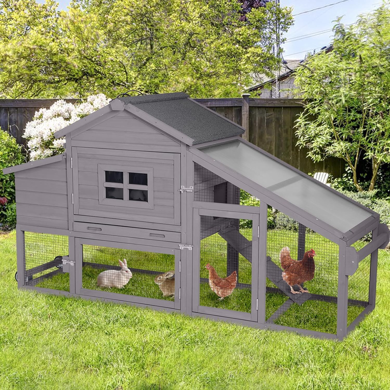 Chicken Coop, Mobile Chicken House with with Wheels, Outdoor Hen House Poultry Cage with Nesting Box, Leakproof Pull Out Tray and UV-Resistant Roof (