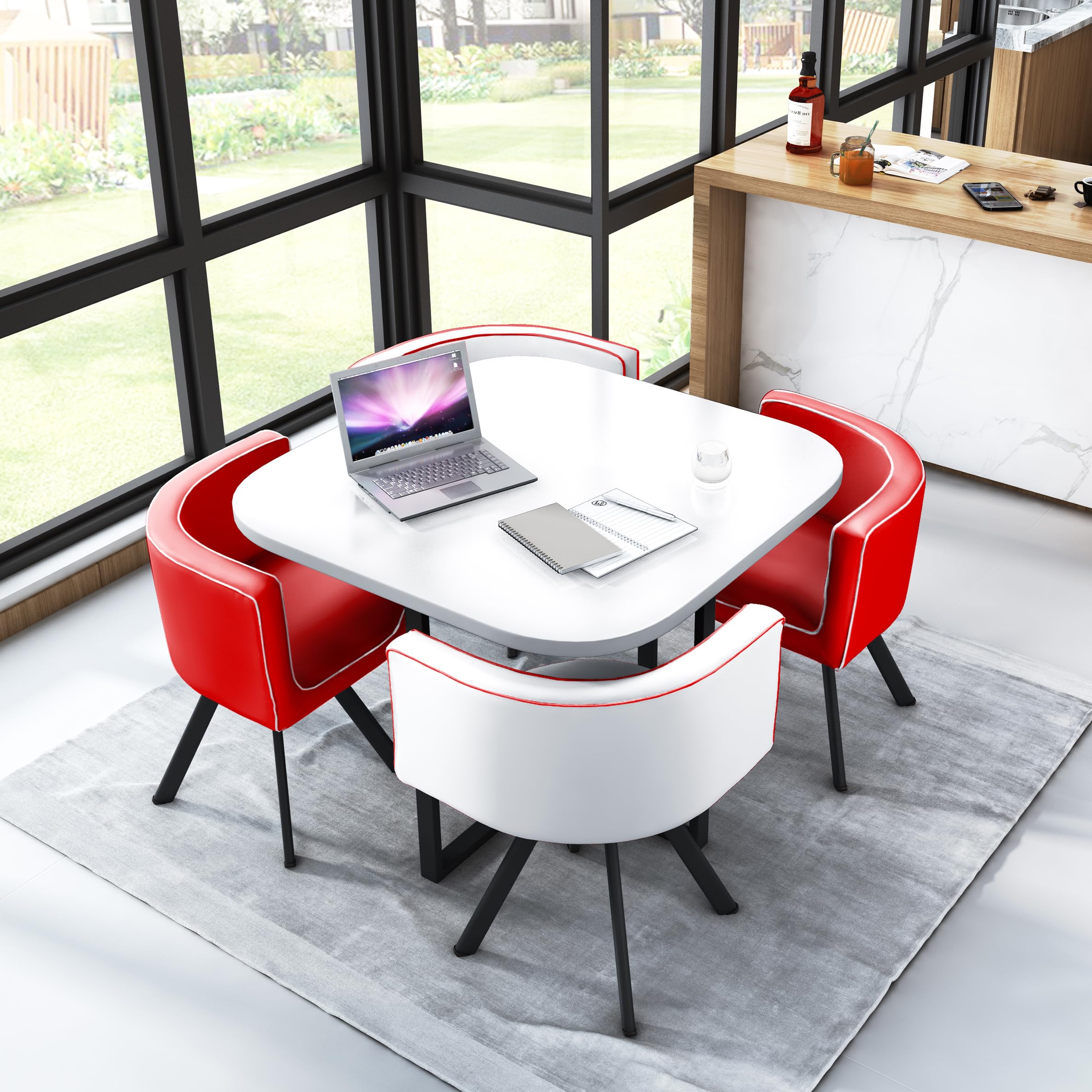 wooden dining table and 4 chairs (white table and 4 red and white chairs)