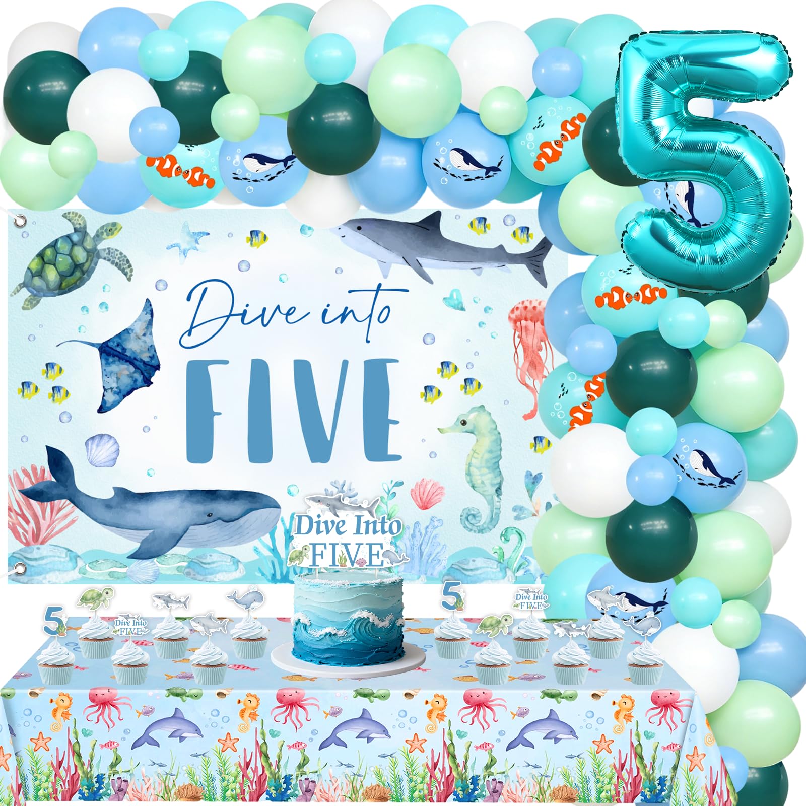 Sursurprise Dive Into Five Birthday Decorations, Ocean 5th Birthday Party Supplies with Balloon Garland Arch Kit, Backdrop, Cake Topper, Cupcake Toppers, Tablecloth, Sea Animal, Under The Sea Decor