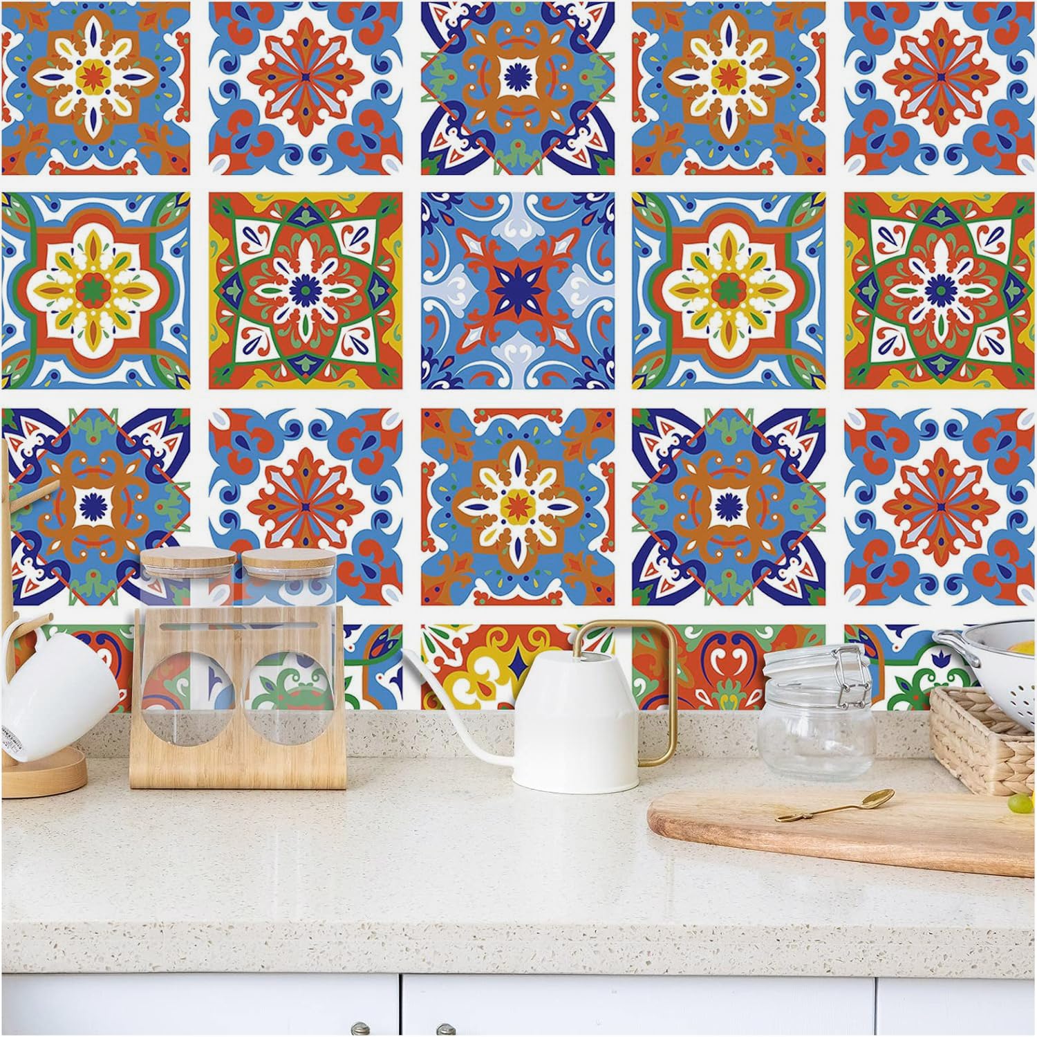 Papier peint amovible bleu et orange pour crédence cuisine adhésive 45cm
