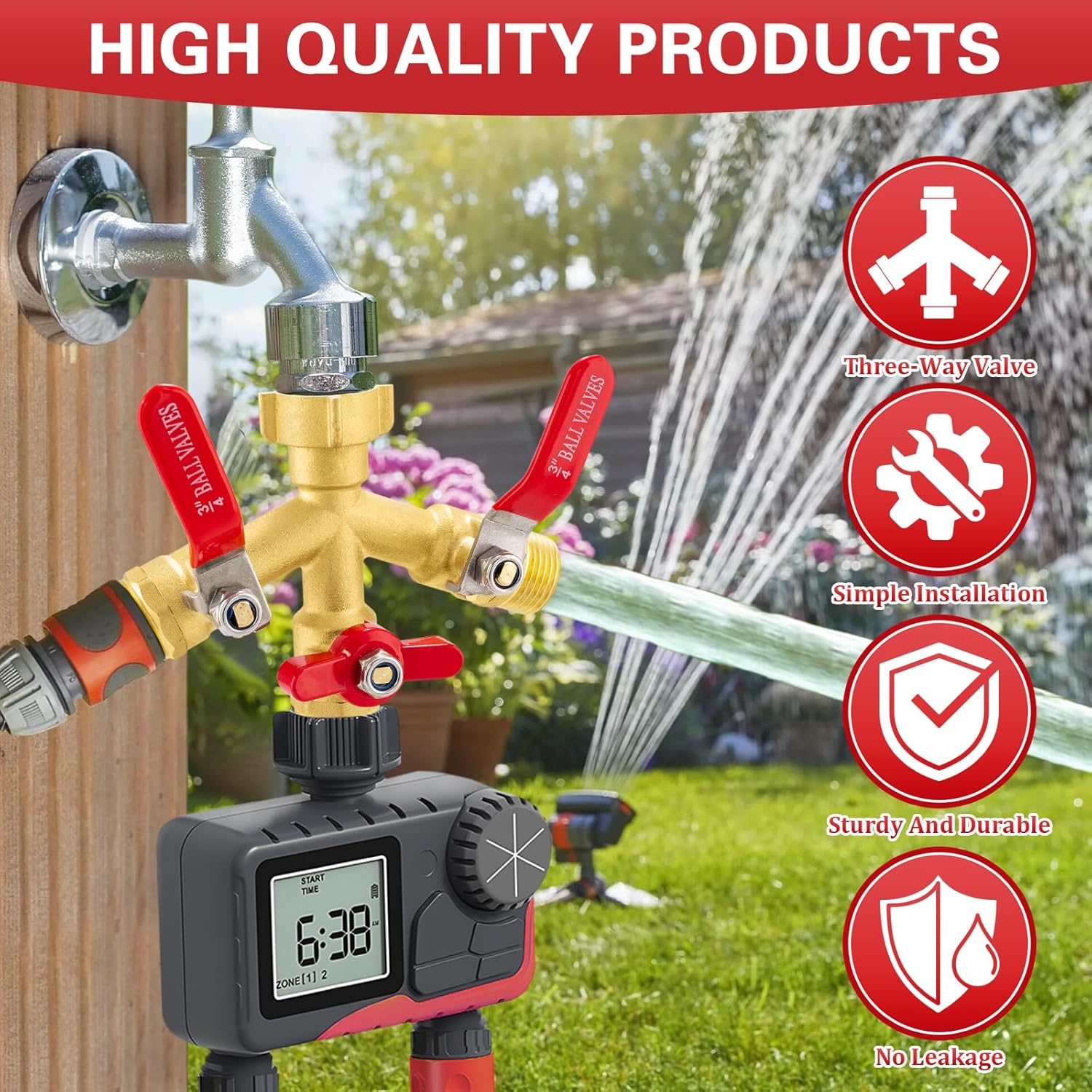 High Flow 3 Way Hose Splitter, Heavy Duty Brass Garden Hose Splitter,Water Hose Spigot Splitter with Easy-Grip Metal Handles, 3/4" GHT Thread Garden Hose Bib Splitter