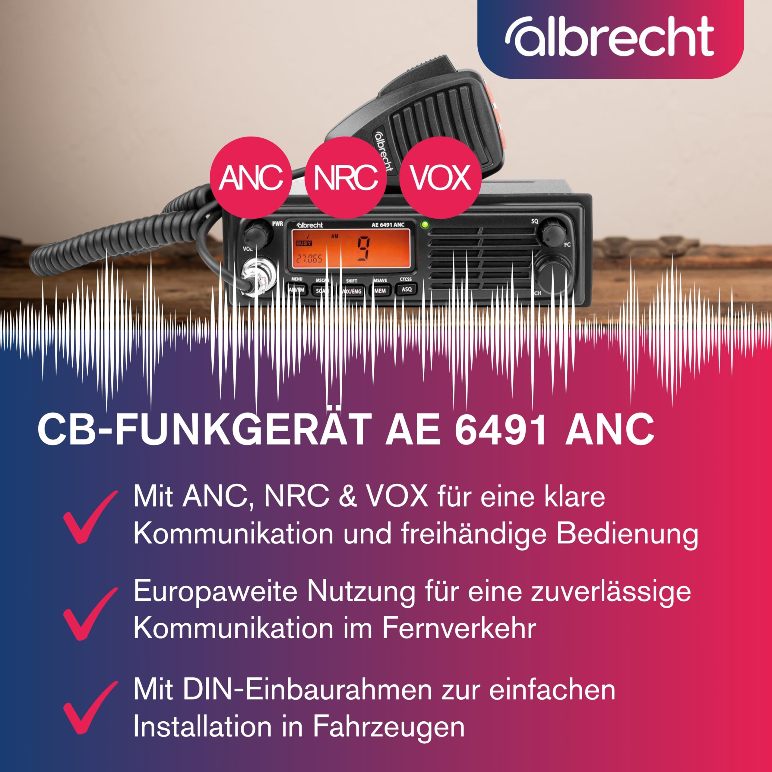 Albrecht AE 6491 ANC CB-Funkgerät, mit VOX Freisprechfunktion, ANC & NRC Geräuschfilter für Beste Audioqualität in Auto & LKW, CB-Funk mit CTCSS, schwarz