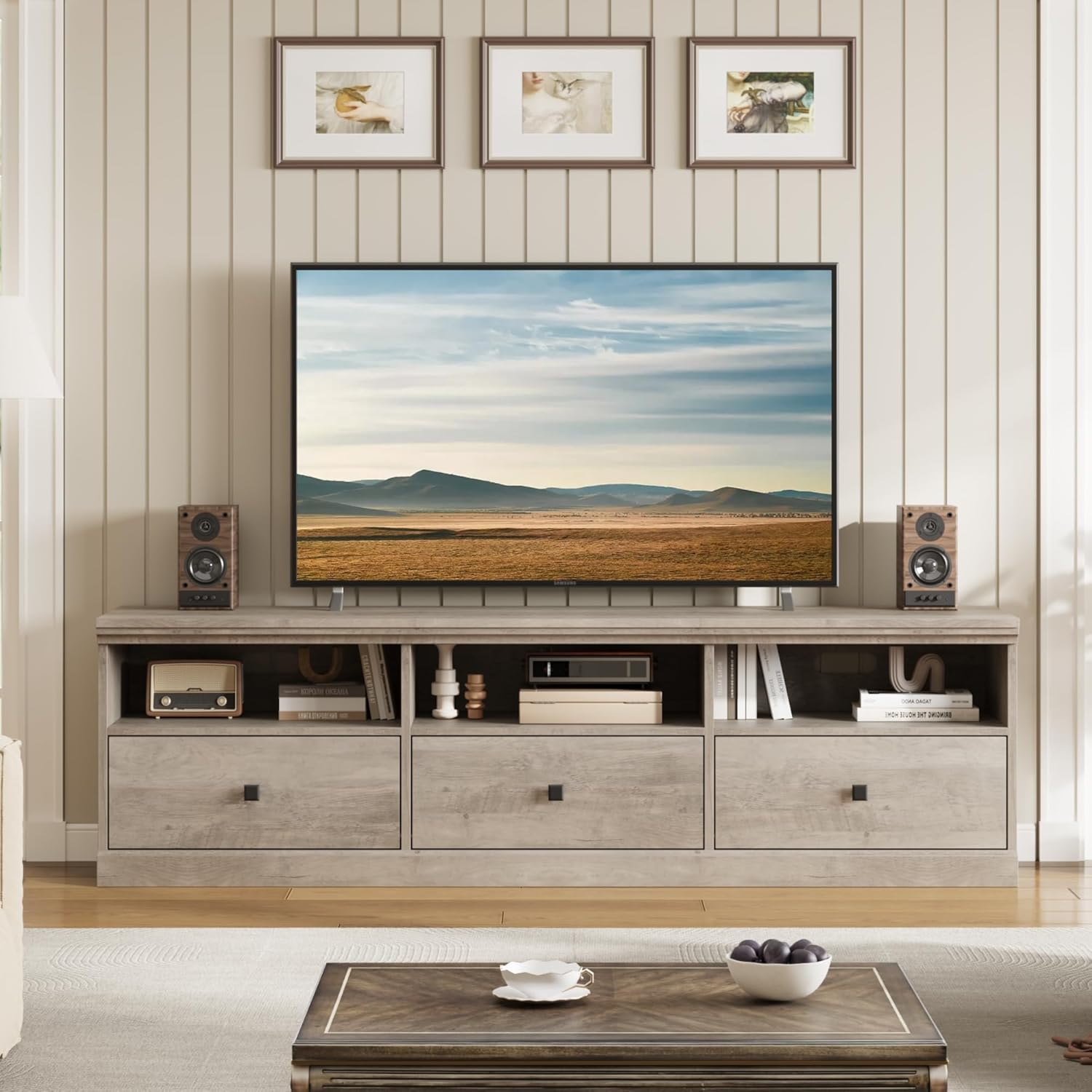 GarveeHome TV Stand for 75 in TV, Mid-Century Modern Entertainment Center with Storage Drawer, 70 in TV Console with Open Shelves, Wood Media Console TV Cabinet for Living Room，Gray