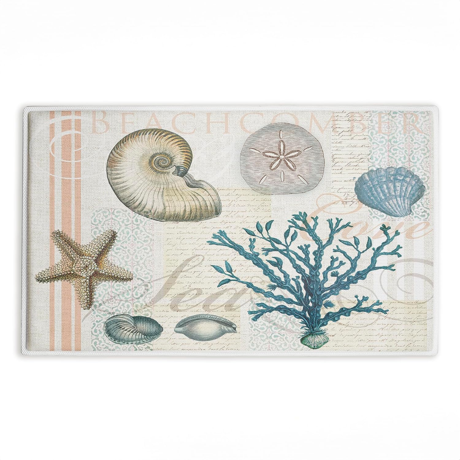 Beachcomber Vintage Sea Collage Plush Bathroom Mat & Bath Rug, Soft Quick-Dry Non-Slip Bathroom Rug with Recycled Foam Cushion, Vintage Coastal Nautical Design by Lula Bijoux & co., 18"x30"