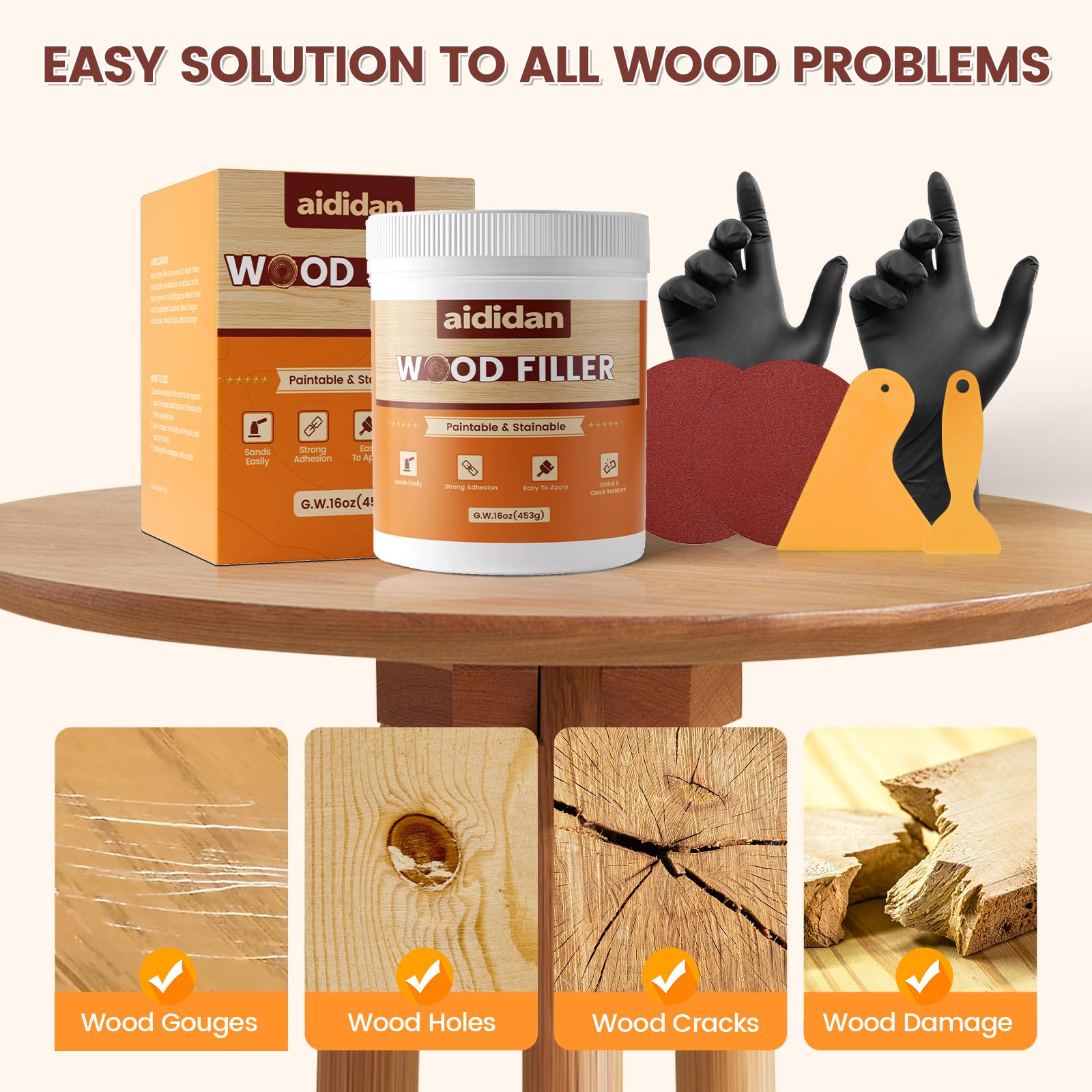 Relleno de madera, kit de reparación de madera, 478 g, colorido, relleno de masilla de madera pintable, muebles de reparación de agujeros de grietas, relleno de madera externo, resistente al agua