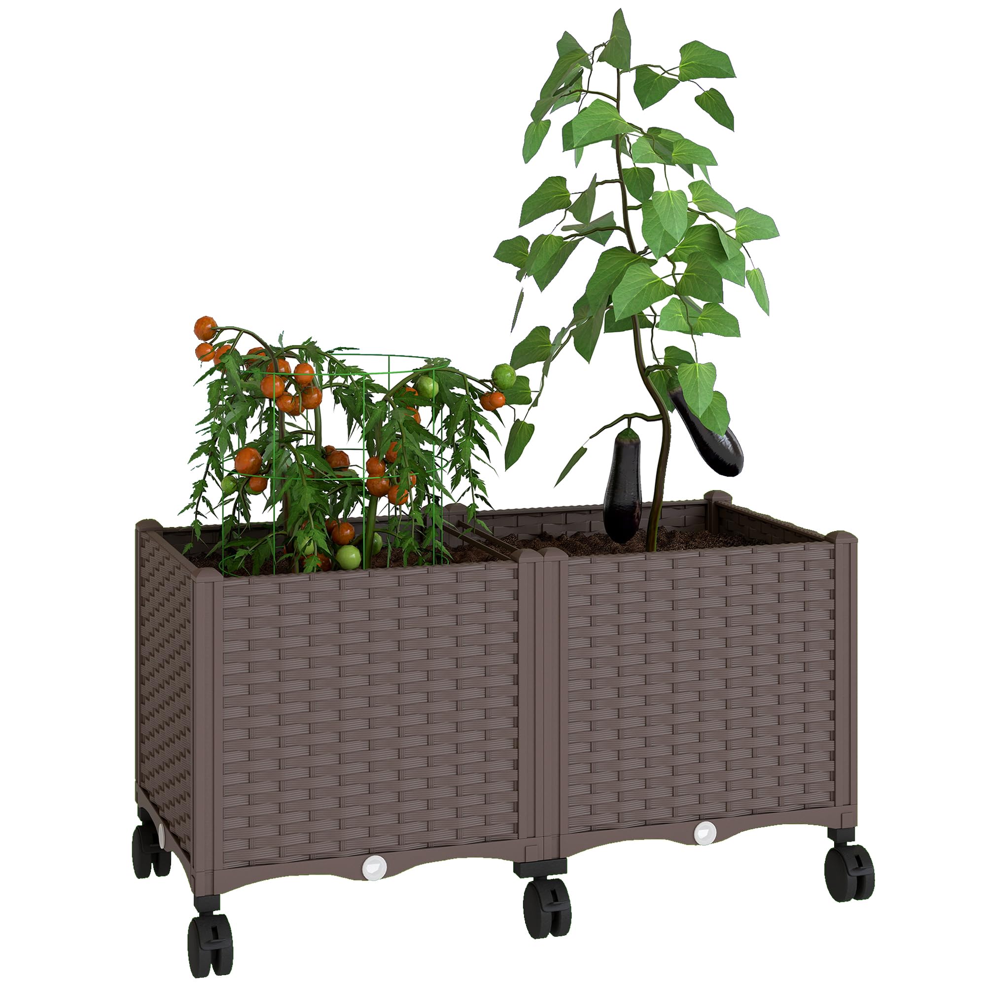 Outsunny Fioriera Rialzata in Plastica 85L, Letto per Orto Rialzato da Esterno con Ruote Bloccabili, Sistema di Autoirrigazione, Fori di Drenaggio, per Piante Rampicanti, Verdure e Fiori, Marrone