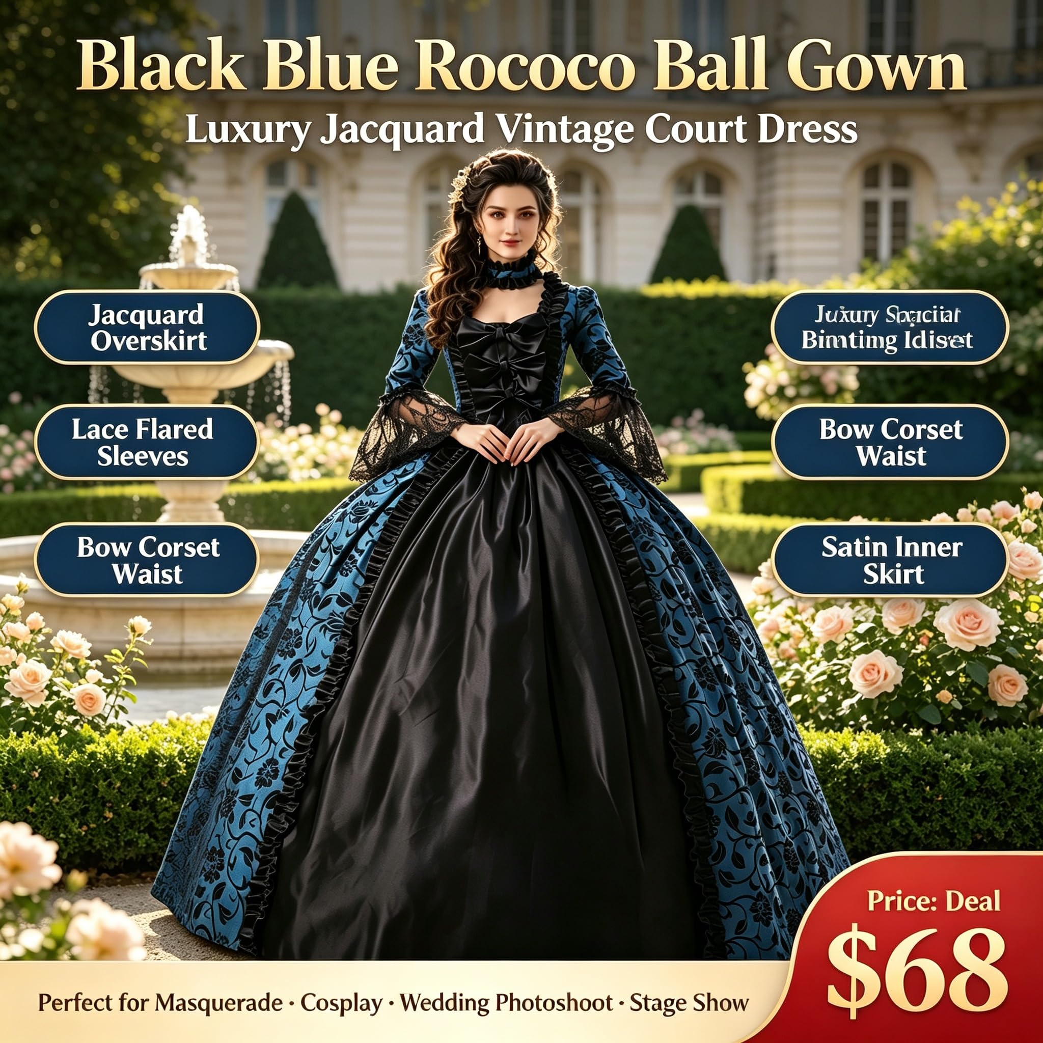 CountryWomen 18th Century Damen Rokoko Ballkleid Druck Lang Gothic Viktorianisches Kleid Maskerade Thema Kleider