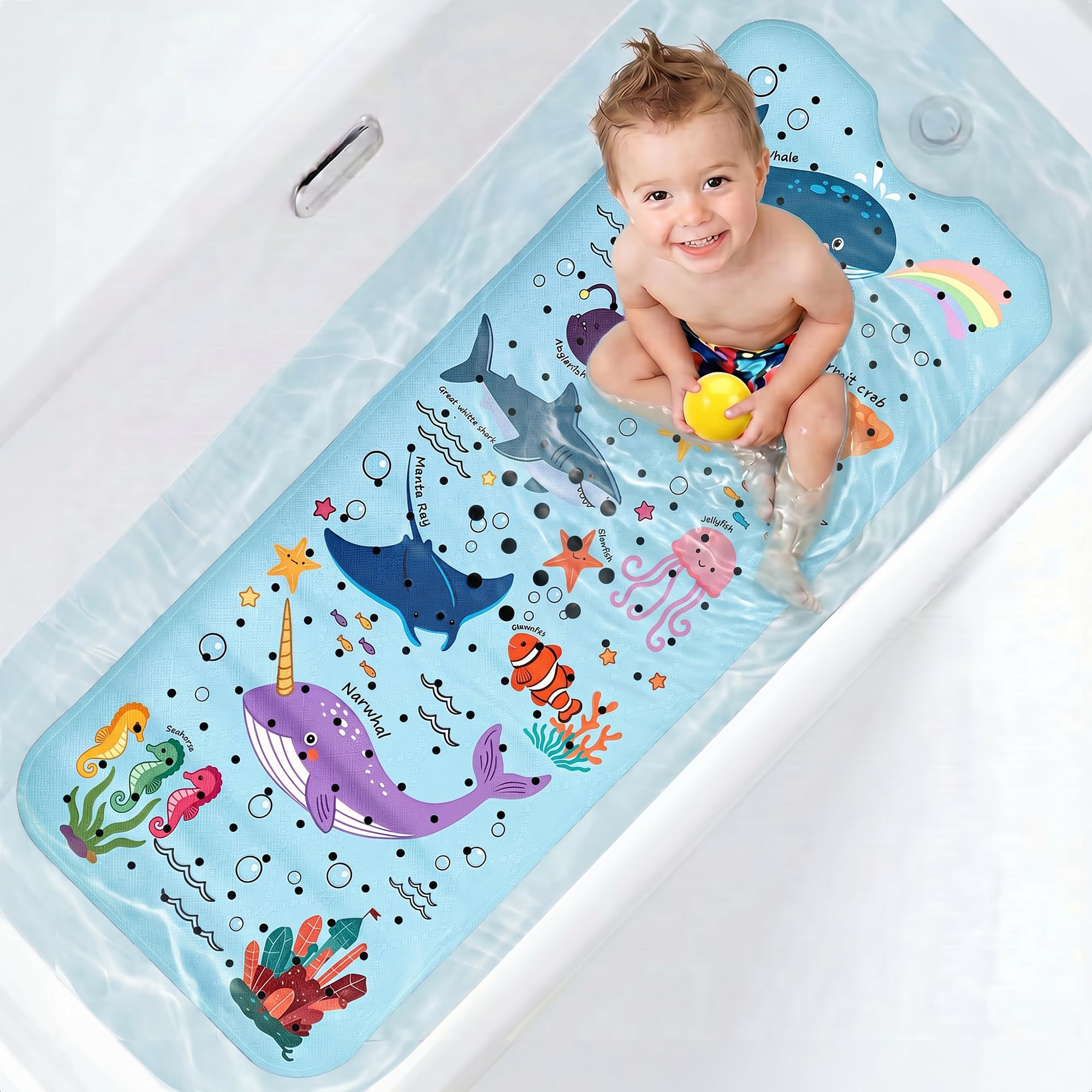 UNEEDE Baby Bath Mat Non Slip - 100x40cm Extra Long Kids Bathtub Mat with 200+ Suction Cups, Soft Shower Mat for Toddlers & Infants, Early Learning Ocean Animal Design, Blue