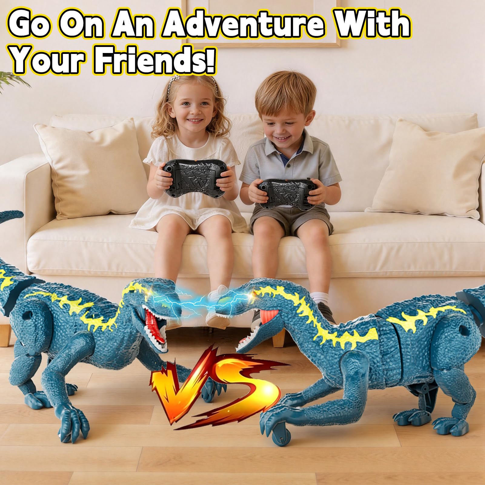 Dinosaurio Teledirigido para Niños 3+, RC Dinosaurio Caminante Recargable 2,4 GHz con Ojos 3D y 3 Sonidos, Juguete Animal Prehistórico Interactivo para Niños y Niñas 3+ (Azul)