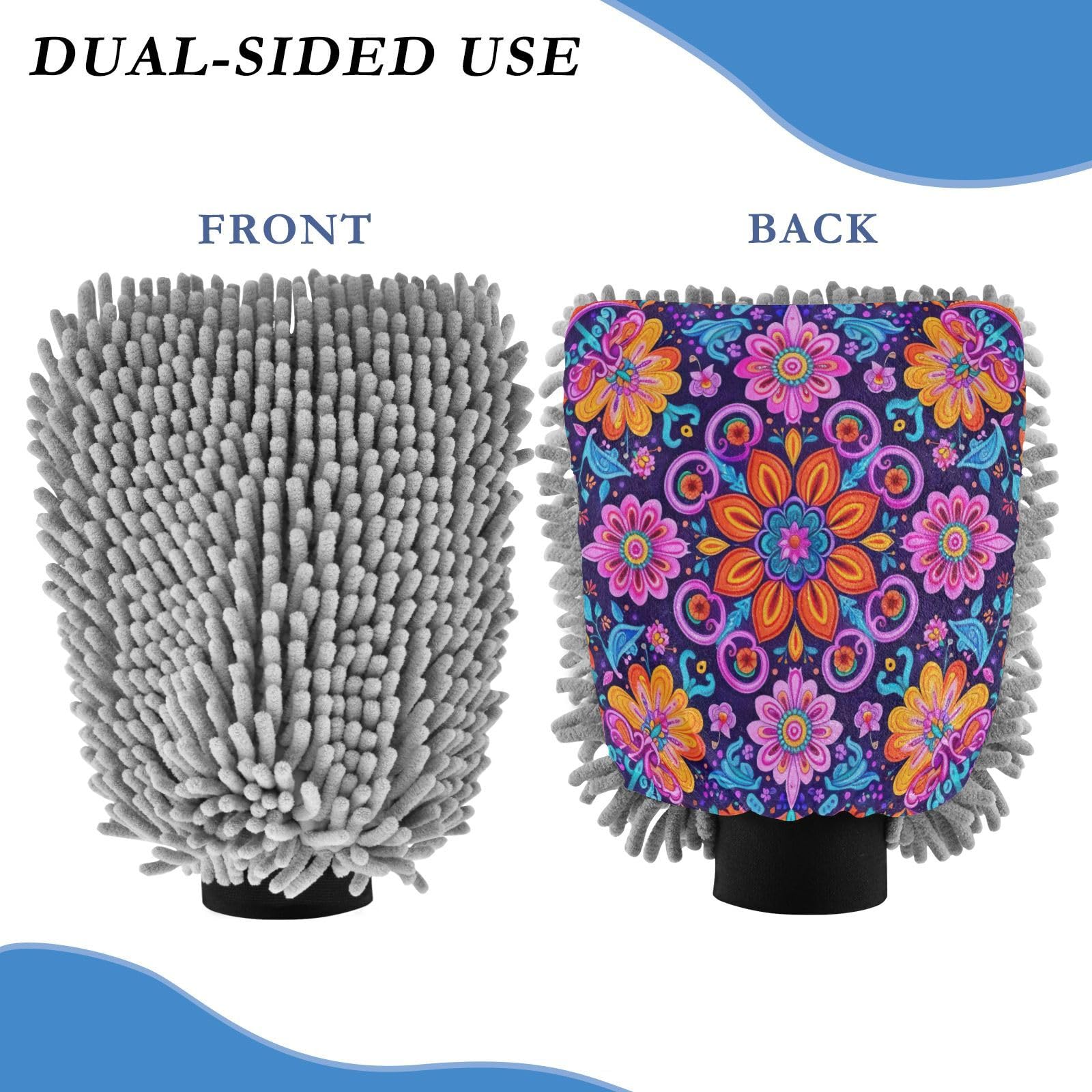 Kigai Beautiful Mexican Floral Patterns Car Wash Mitt Microfiber, 2Pcs Scratch Free Lint-Free, Premium Chenille Microfiber Mitt Car Wash Brush-L