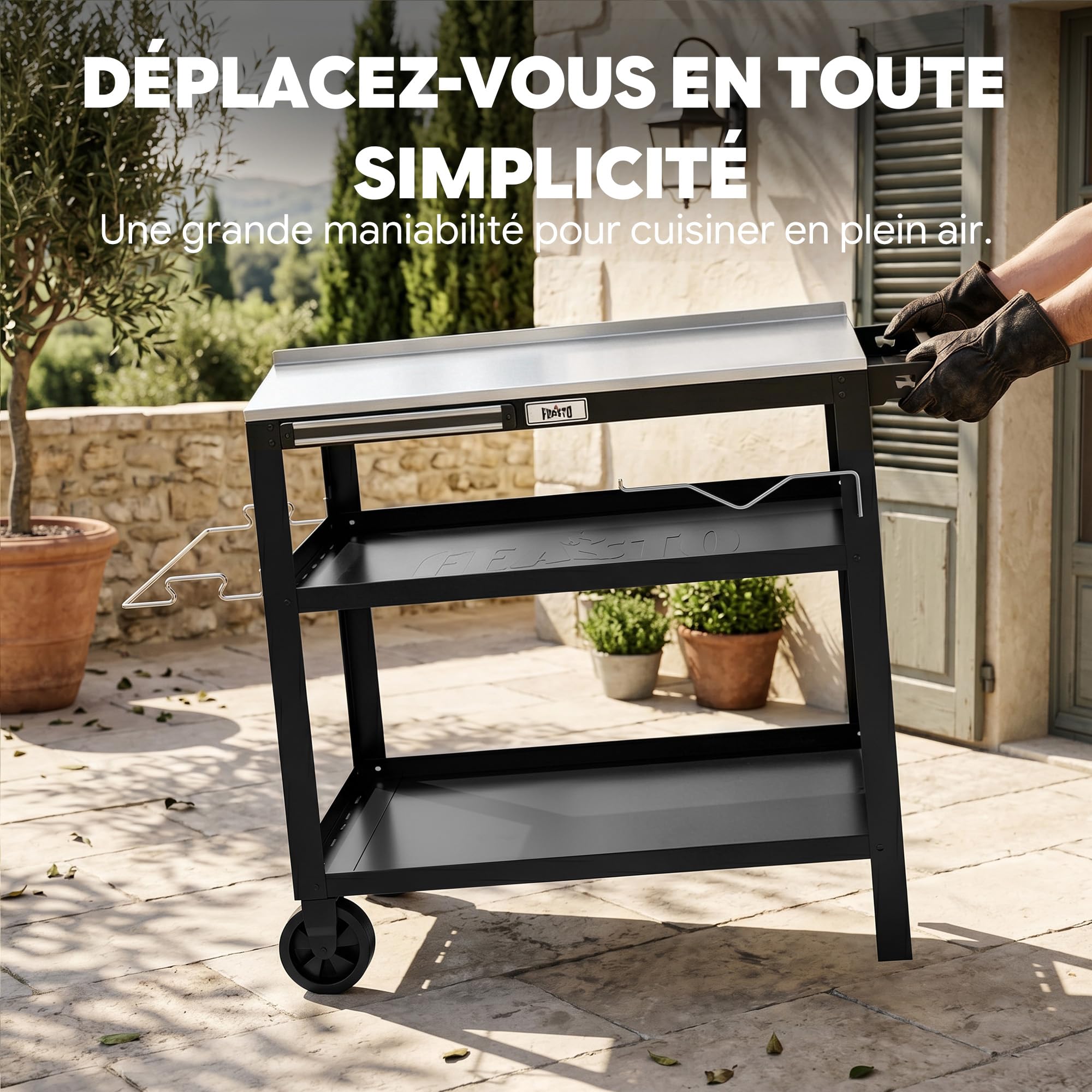 Feasto Desserte de Jardin avec Plateau en Acier INOX, Chariot pour Plancha à 3 étagères avec Barre Magnétique, Idéal pour Jardin et Terrasse, 90 x 46 x 82,5 cm