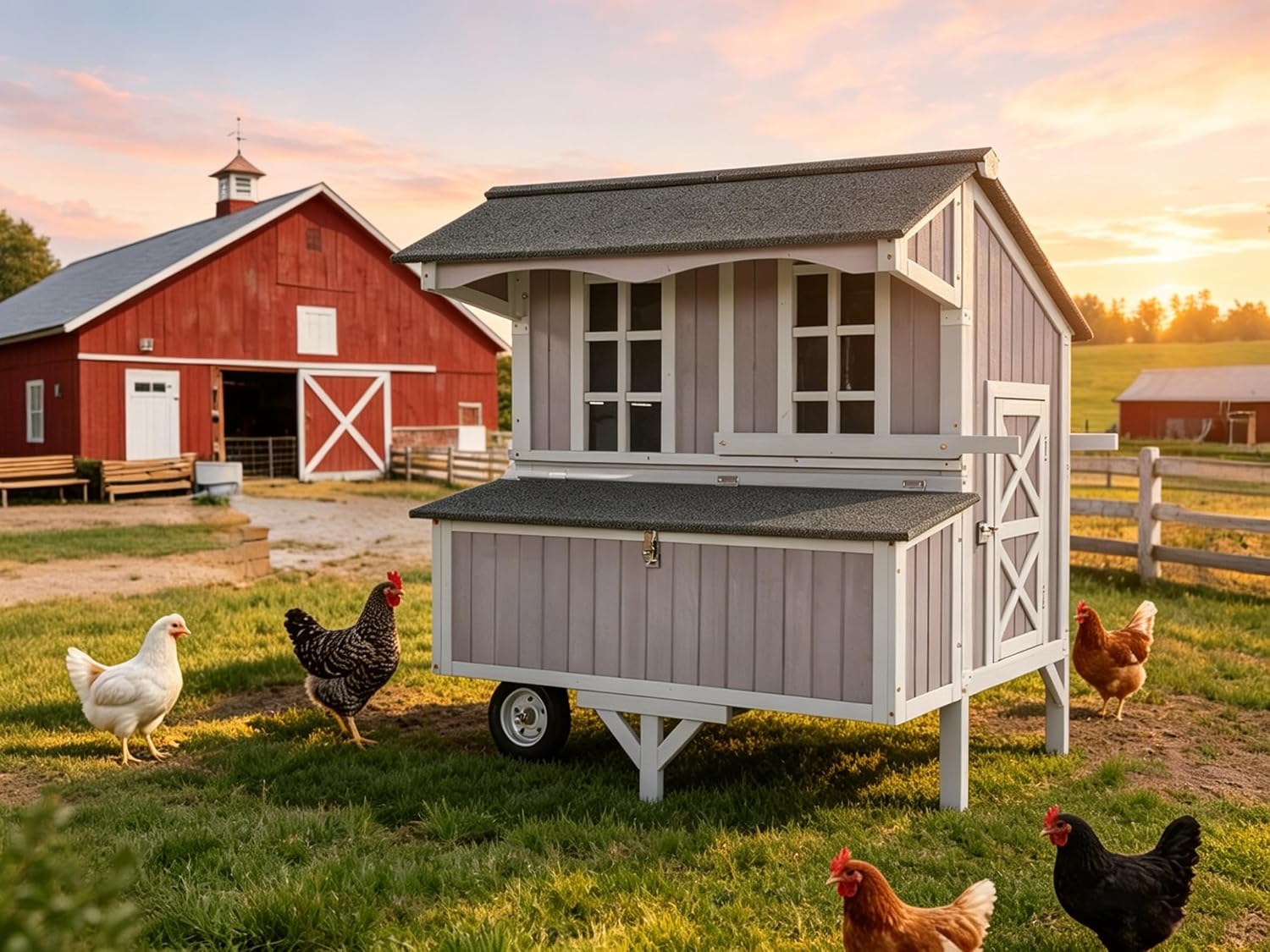 GUTINNEEN Chicken Coop with Large Wheels for 3-6 Chickens, Mobile Wooden Hen House with 3 Nesting Boxes, Removable Tray, Durable Outdoor Duck Coop Rabbit Hutch