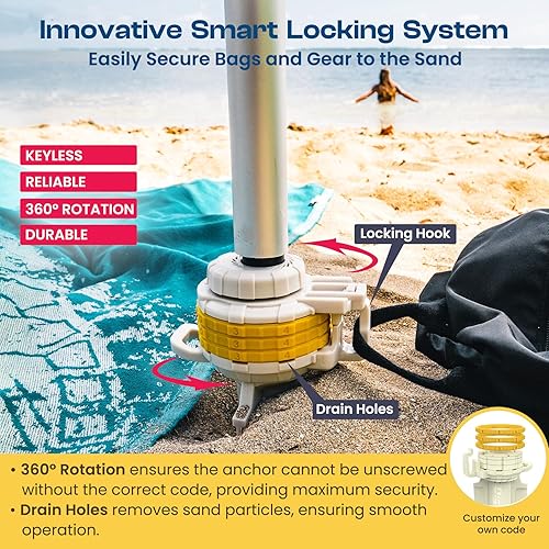Miniatura 6 de Diggo Anclaje de playa multiusos: cerradura de combinación para bolsas desatendidas, anclaje de arena para paraguas, estaca de amarre para perros,