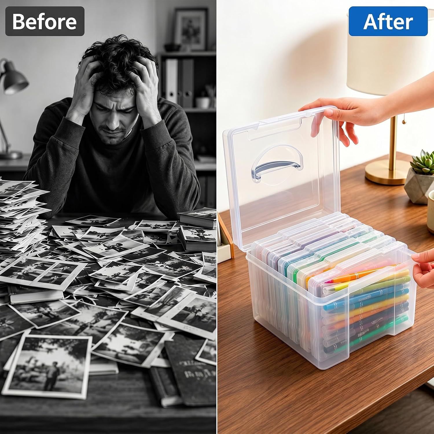Yesland 5x7inch Photo Storage Box, 6 Inner Photo Cases Keeper with Handle, Clear Plastic Seed Organizer, Craft Storage Container for Greeting Cards Pictures Stamps Scrapbooking Office Supplies