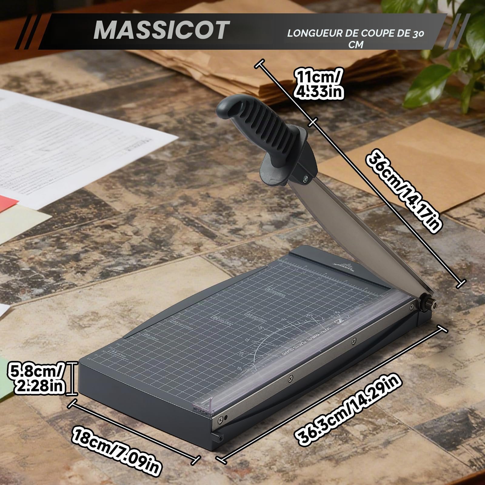 Massicot A4 Outil de Scrapbooking avec Protection de Sécurité et Verrouillage de la Lame Couper Papier et Photo，Coupe Papier à Guillotine Peut Couper jusqu'à 10 Feuilles（Gris foncé）