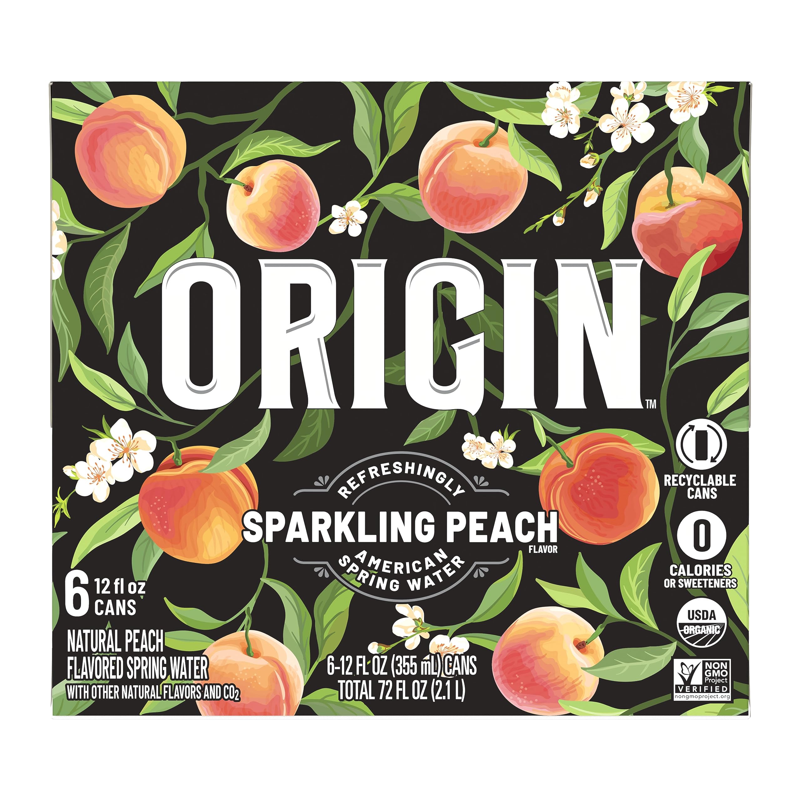 ORIGIN Organic & Non-GMO Peach Flavor Sparkling Water, 12 Fl Oz, Recyclable Aluminum Cans (6 Count) (Pack of 2)