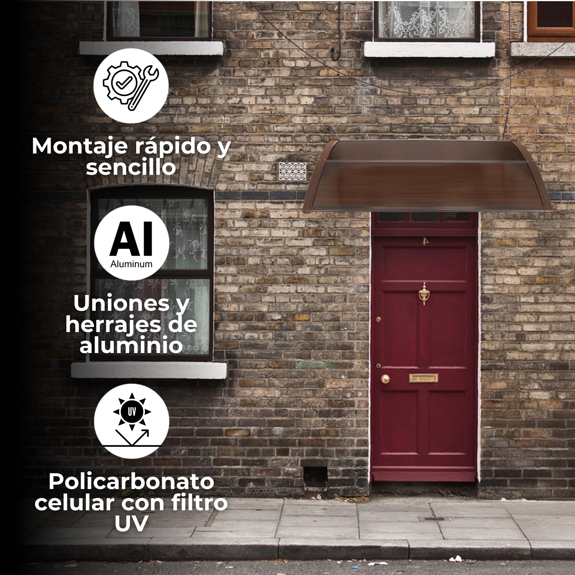 SPRINGOS Marquesina para puerta de entrada curvada, 150 x 75 x 23 cm, techo protector de aluminio y policarbonato