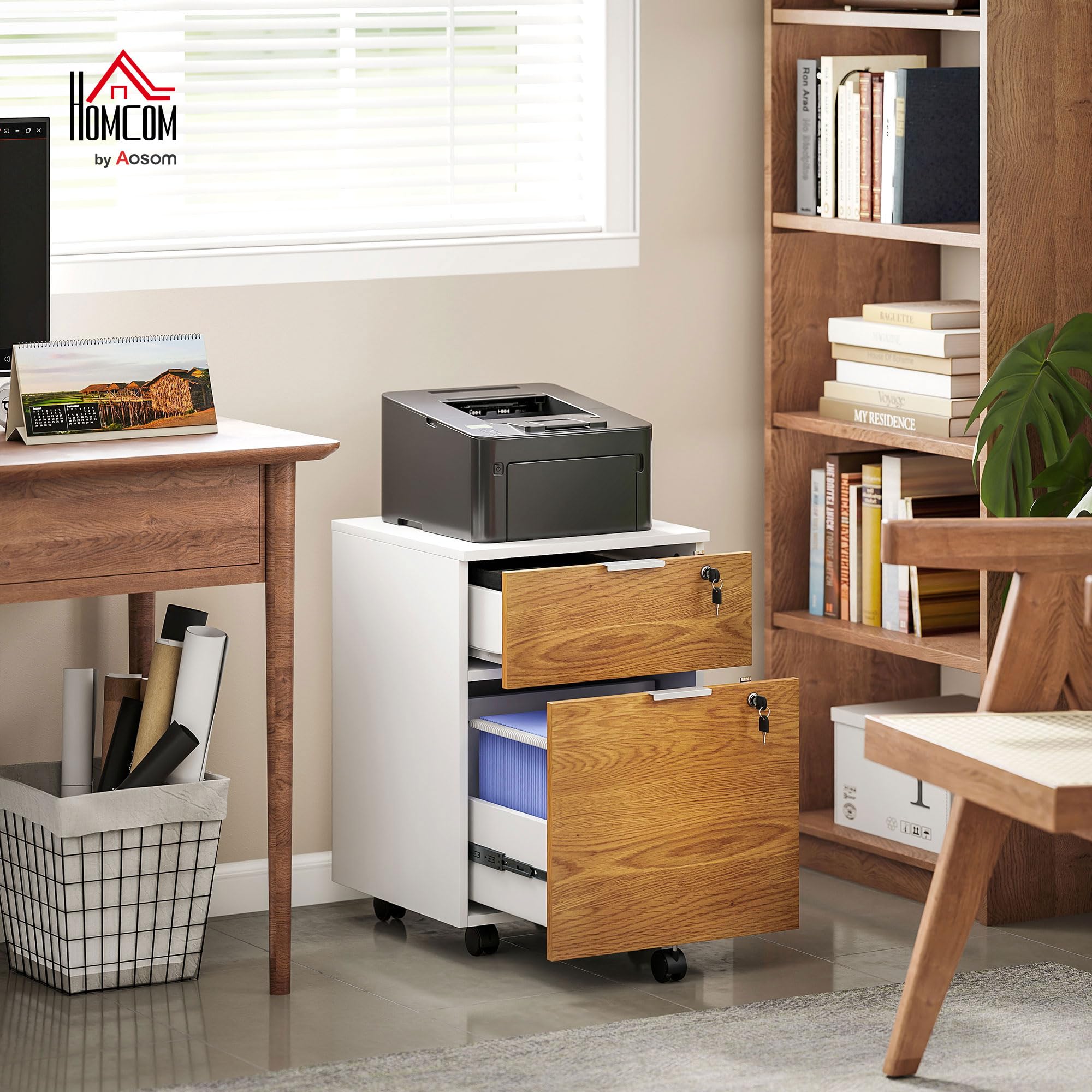HOMCOM Bürokasten, Aufbewahrungsmöbel, Badschrank, 2 Schubladen, 2 Stangen zum Aufhängen, abschließbar, 2 Schlüssel, 4 Rollen, 42 x 40 x 60 cm, Holzoptik, Weiß und Natur