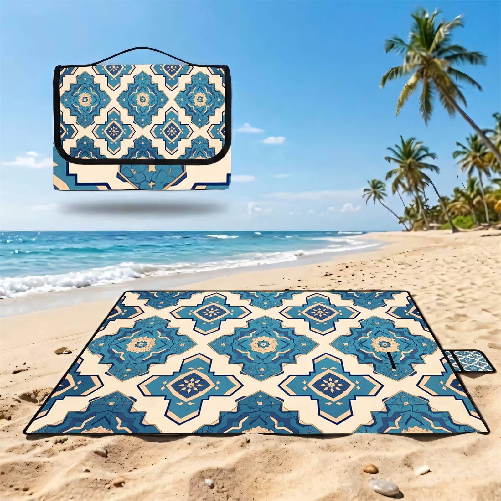 Grande Coperta de Picnic 200x300 cm, Blu Manta Picnic Impermeable Anti-Sabbia Manta de Playa Pieghevole, Outdoor Picnic Blanket per Spiaggia, Camping, Giardino, Trekking - Mandala (2) FZ-190