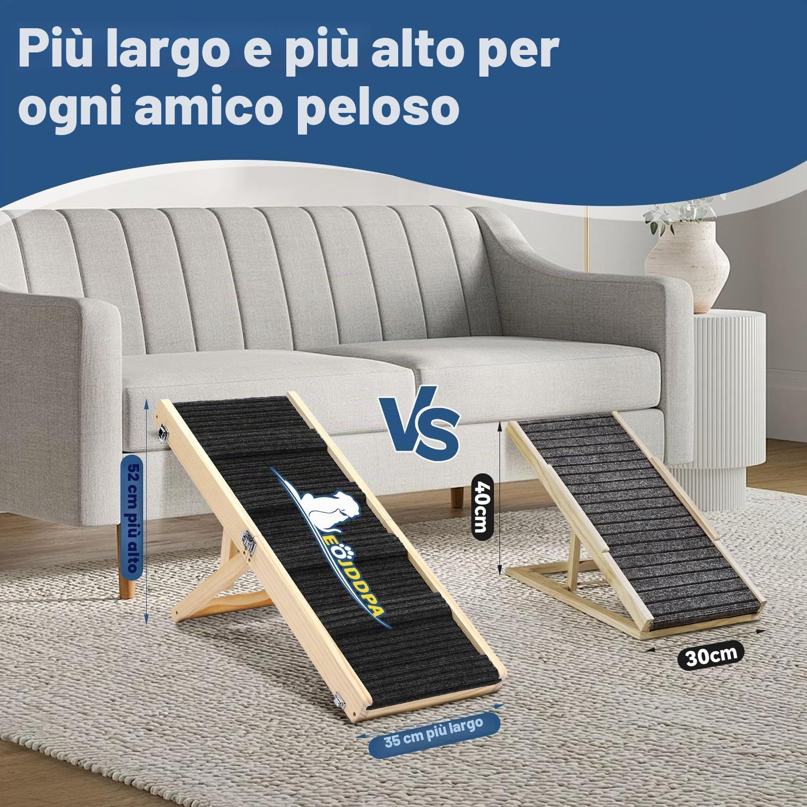 Rampa pieghevole per cani in legno per letto, divano, rampa per animali domestici regolabile per cani piccoli, altezza 25-52 cm, lunghezza 83 cm, Larghezza 35 cm, superficie antiscivolo, rampa