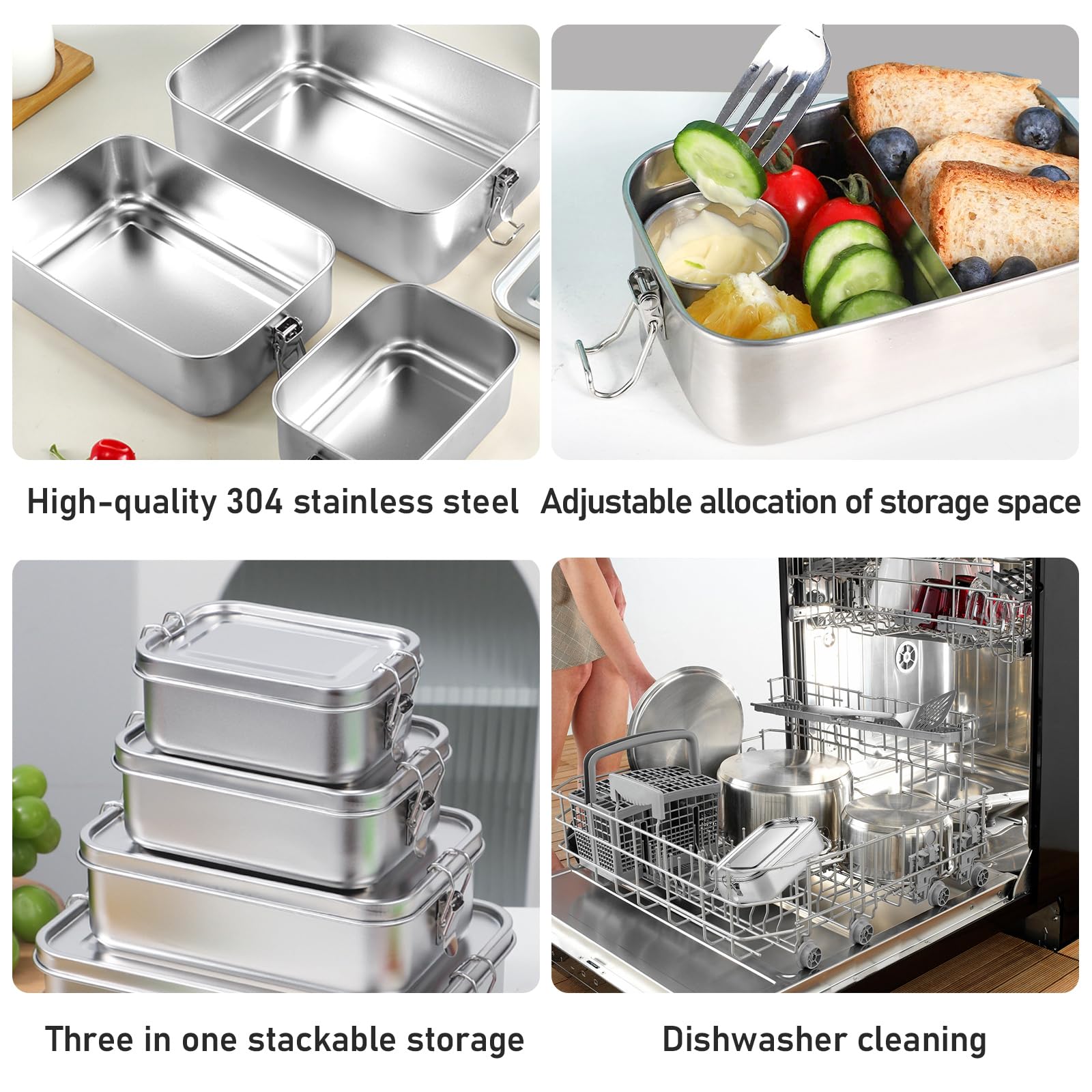 Broodtrommel van roestvrij staal, verpakking van 3 stuks, broodtrommel, lunchbox, lekvrij, broodtrommel met vakken en afdichtring in het volume, 2400 ml, 1400 ml en 850 ml, 304 stalen bentoboxen voor