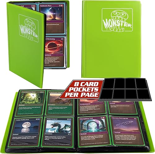Monster - Carpeta para tarjetas coleccionables de 4 bolsillos, álbum verde mate, protección antirrobo para tarjetas TCG con bolsillos laterales de
