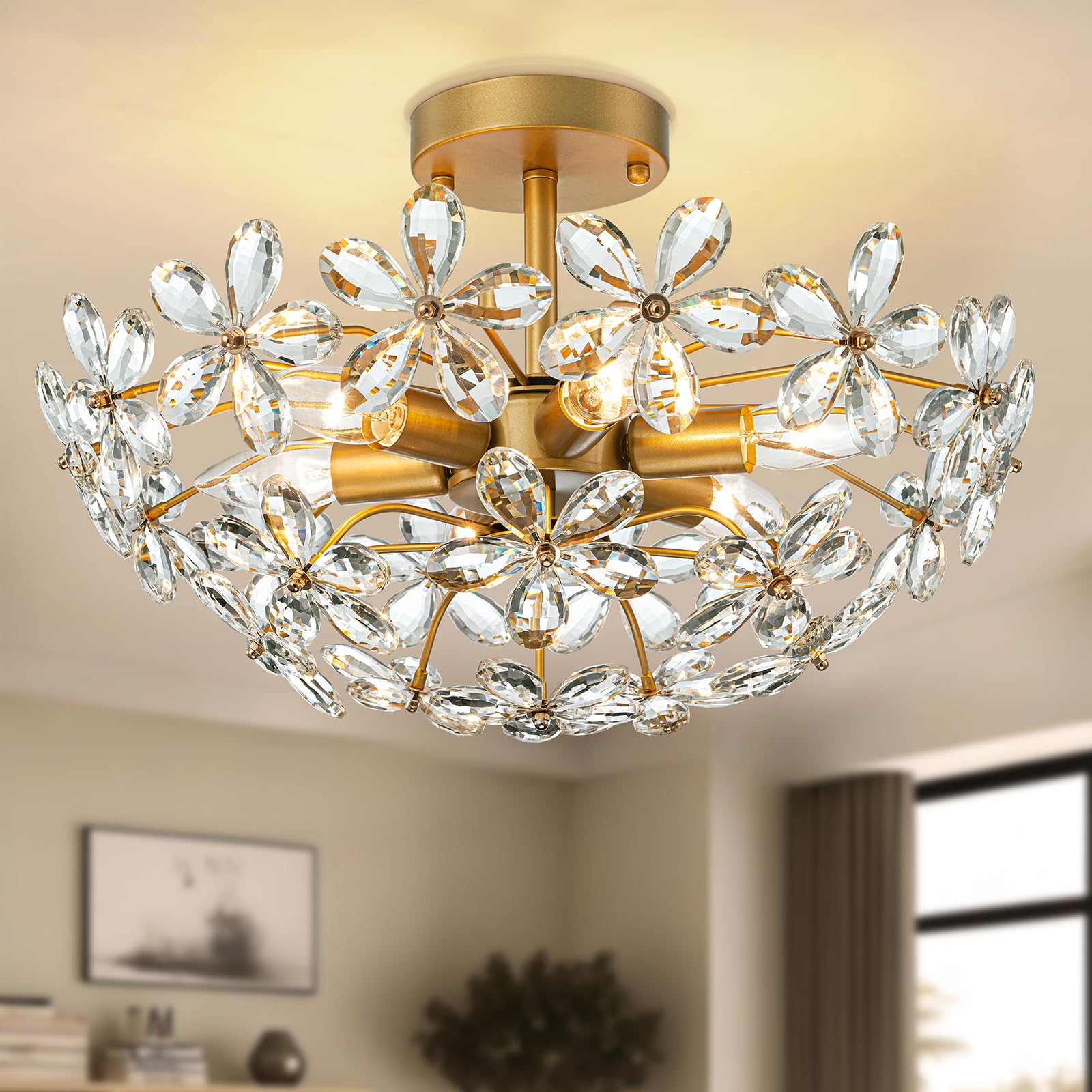 LOHOZOM Gold Bedroom Ceiling Light,Crystal Flower Semi Flush Mount Ceiling Light,17.7inch 6-Light Modern Closet Chandelier Light Fixture for Kitchen Living Room Hallway Entryway Foyer