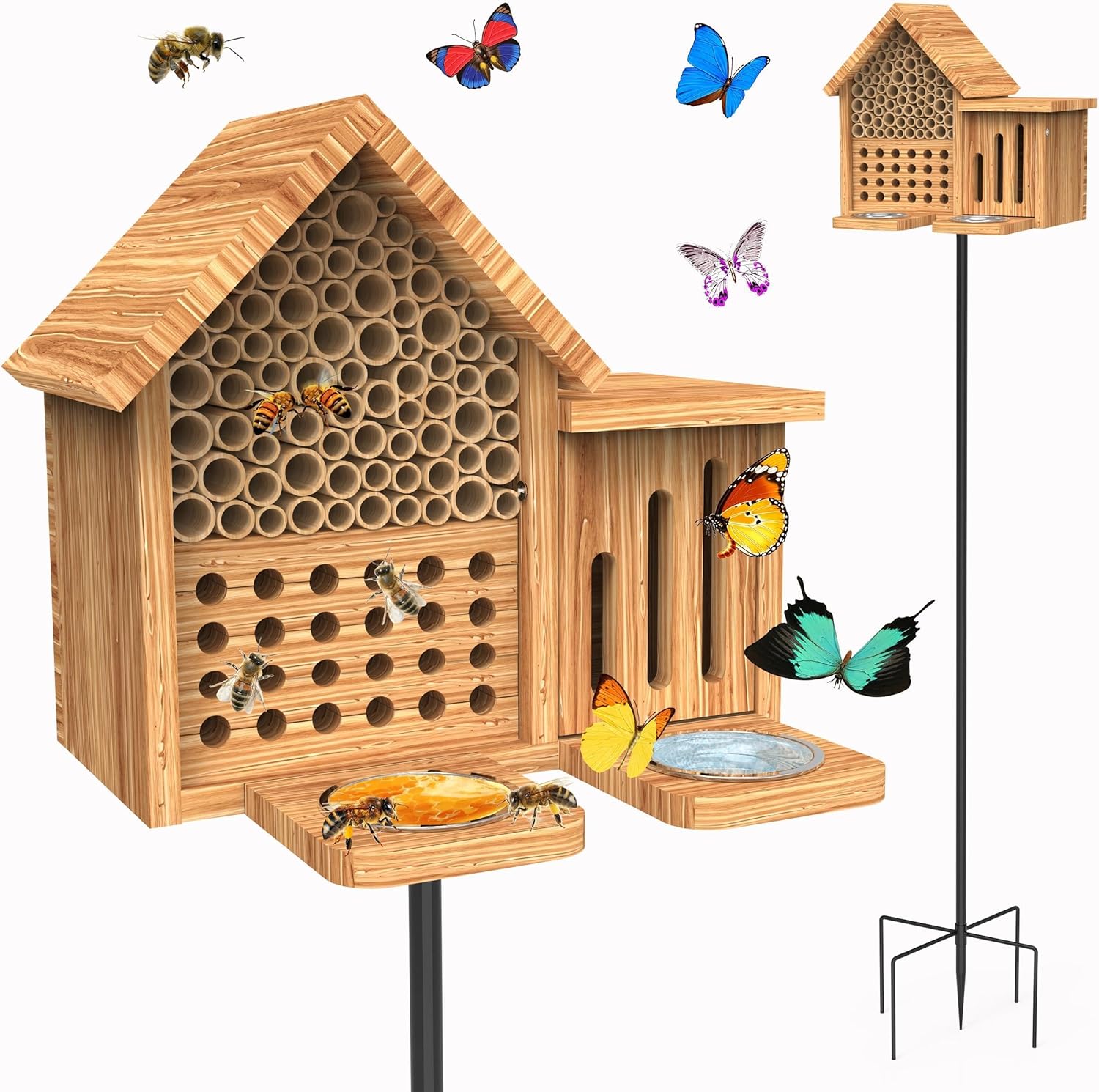 Mason Bee House Wooden Butterfly House with Feeders and Metal Stake, Insect Hotel for Garden Backyard, Natural Handmade Waterproof Bugs House, Attracts Bee, Butterfly