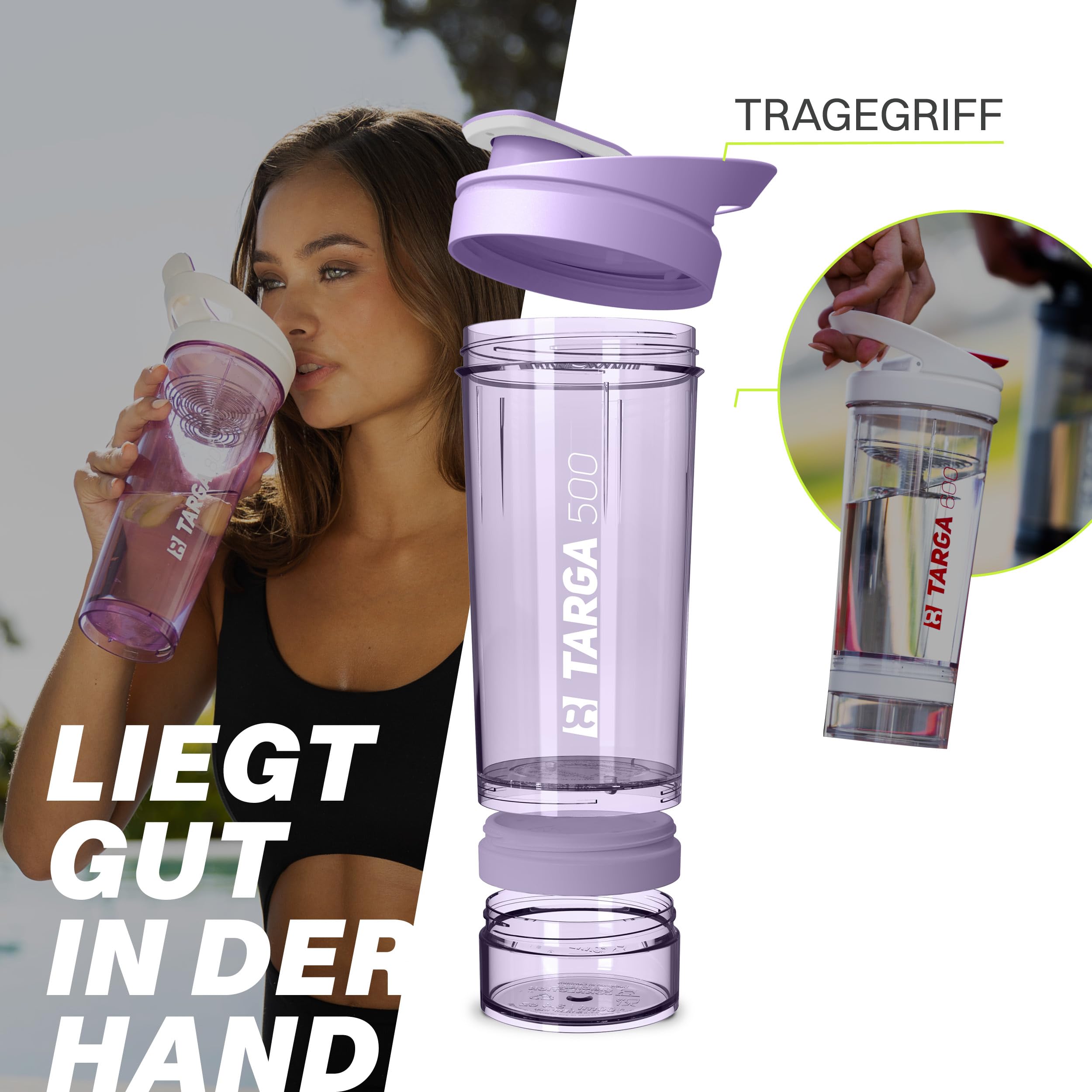 Protein Shaker 500ml + 100ml Pulverfach | Eiweißshaker mit Pulverfach | Gymshaker mit Edelstahl Mischfeder | Mixer für Proteinshakes | Shaker Gym | Klumpenfrei & Dicht | Trinkflasche 600ml BPA-frei