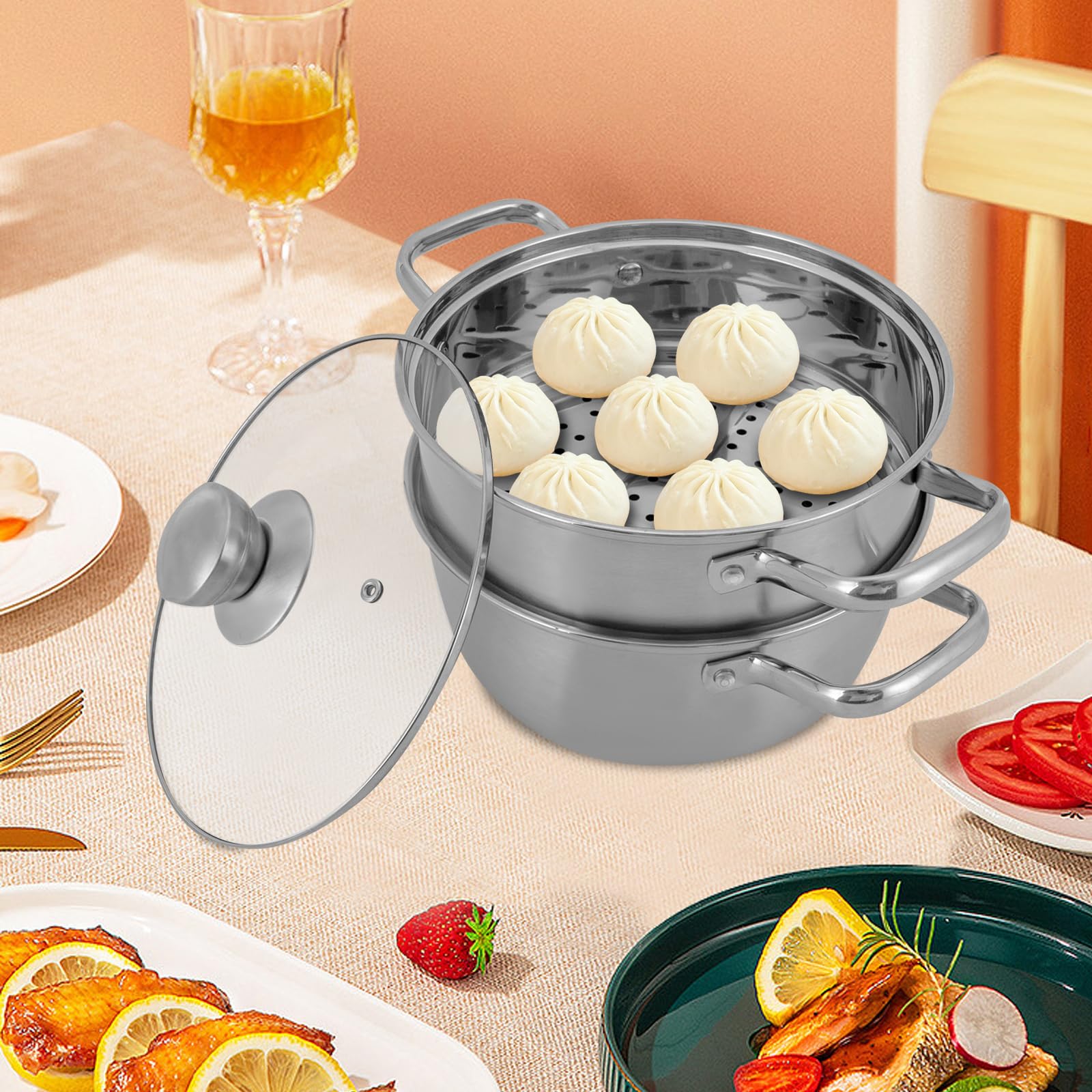 Pentola in acciaio inox, 1,2 l, pentola a vapore in acciaio inox, pentola con inserto a vapore, vaporizzatore a 2 livelli per diversi piani di cottura come fornelli a gas
