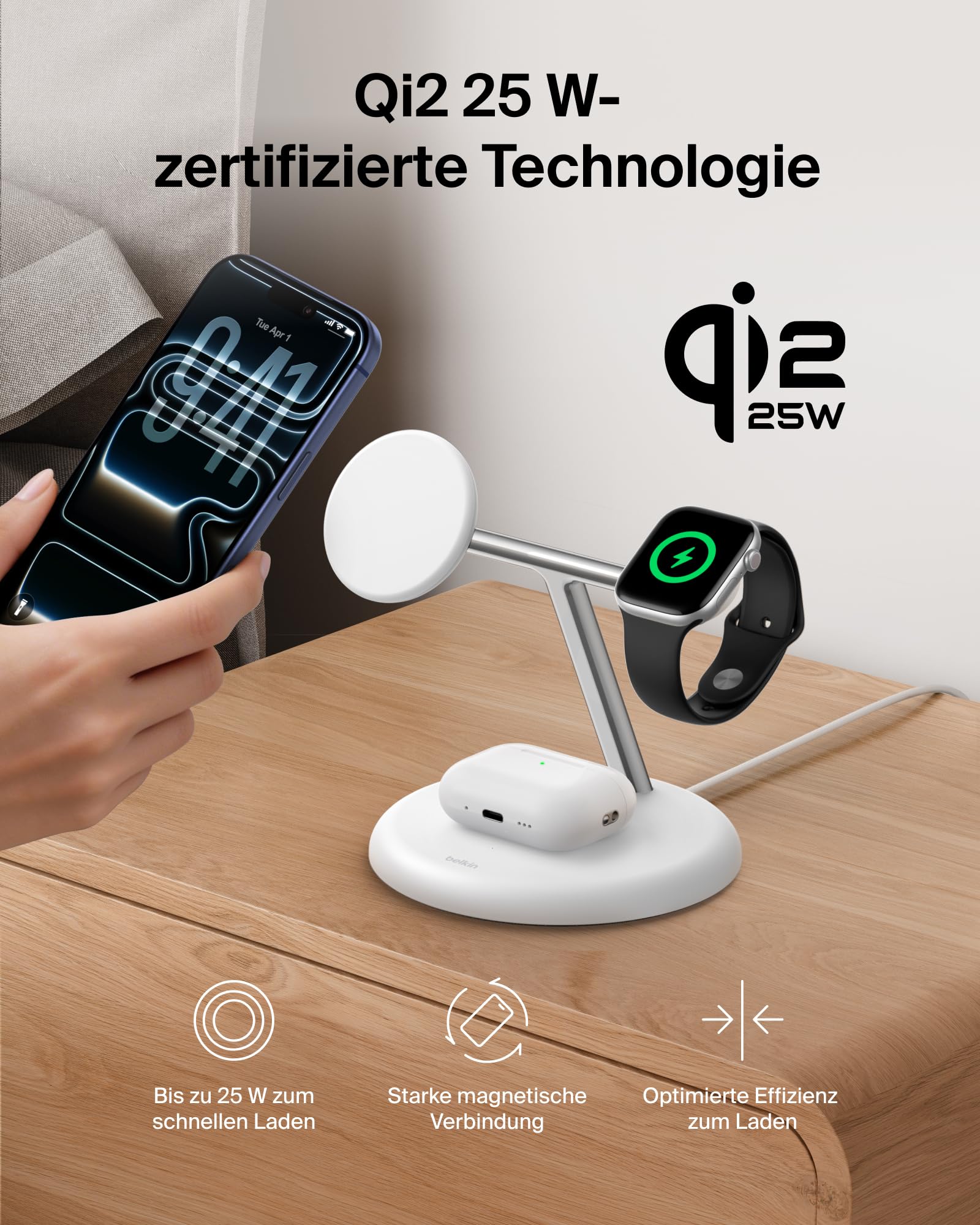 Belkin UltraCharge 3-in1 Induktive-Ladestation mit Qi2, 25W – Weiß | Qi2.2-zertifiziert, MagSafe Kompatibles Kabelloses Ladegerät für iPhone, Apple Watch, Kopfhörer; USB-C-Kabel, 45W Netzteil