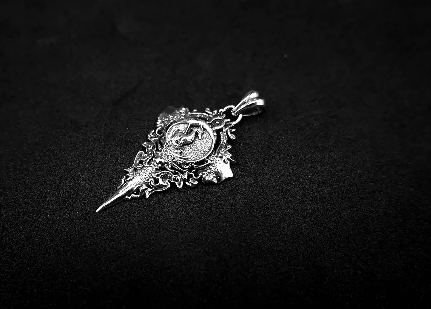 925 Sterling Silver Dragon Pendant Punk Viking Nordic Dragon on Moon Jewelry