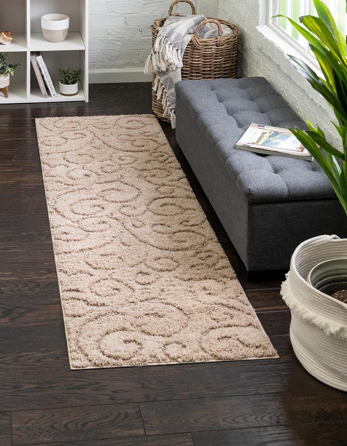 Rugs.com Botanical Shag Collection Rug – 6 Ft Runner Beige Shag Rug Perfect for Hallways, Entryways