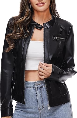 Fahsyee- Chaqueta de piel sintética (poliuretano) para mujer, con cremallera, corta, estilo motociclista y de corte entallado