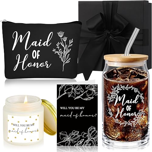 Inbagi Caja de regalo para dama de honor, juego de 5 unidades, incluye taza de vidrio con tapa y bolsa de maquillaje con pajita, vela perfumada de