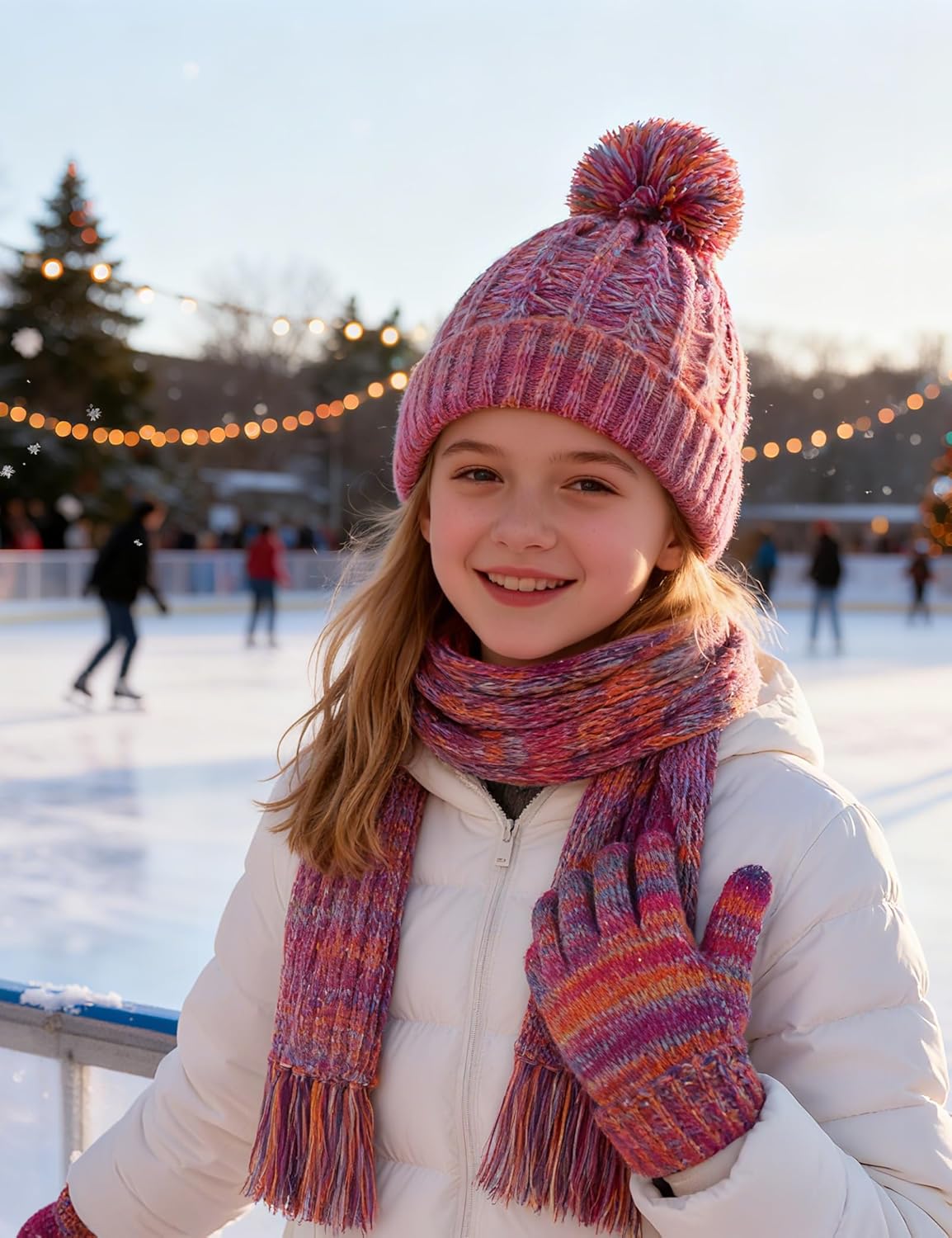 Winter Hat Gloves Scarf Set for Kids, Girls Toddler Pom Pom Knit Beanie Hat and Glove Set for Christmas Gift - Image 6