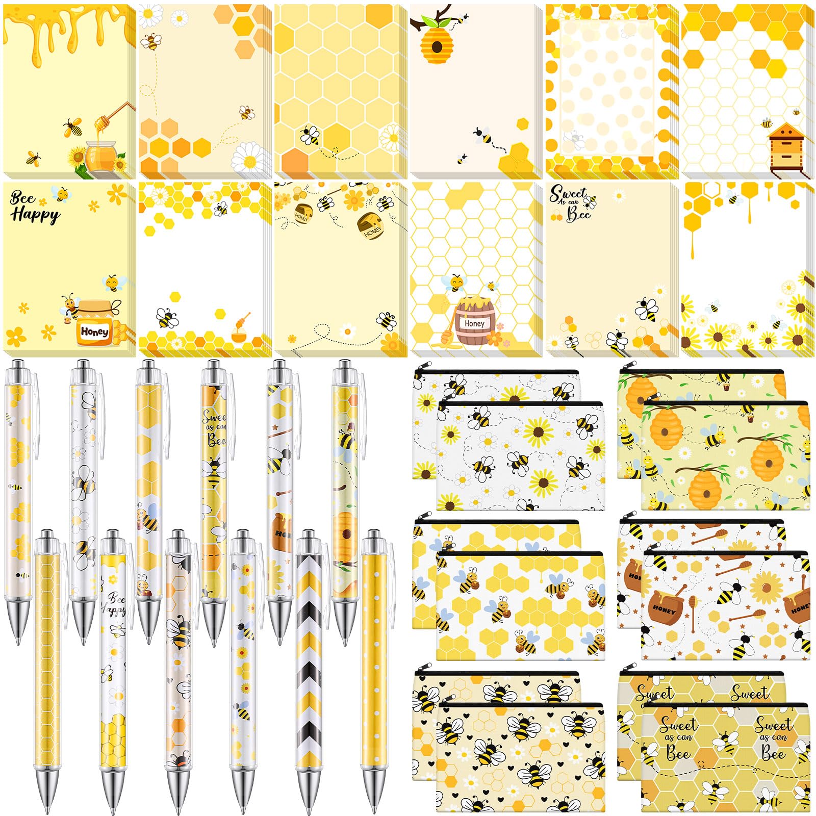 Glenmal 36 Pcs Bee Appreciation Gifts Set Funny Sticky Notepads Makeup Bags Sayings Ballpoint Pens for Coworker Employee Office Appreciation Gifts