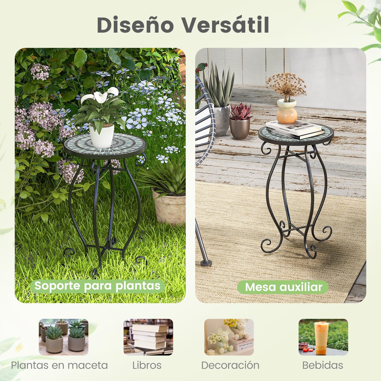 COSTWAY Mesa Auxiliar de Exterior Mosaico, Mesa de Jardín Redonda con Tablero de Cerámica Resistente, Soporte para Plantas Pequeña para Balcón Patio,Jardín, Mesa de Acento (Turquesa)