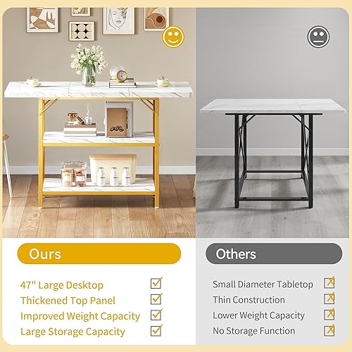 Miniatura 6 de DWVO Mesa de comedor rectangular de 47 pulgadas para 4 personas, mesa de cocina moderna de mármol blanco con estante de almacenamiento y patas de