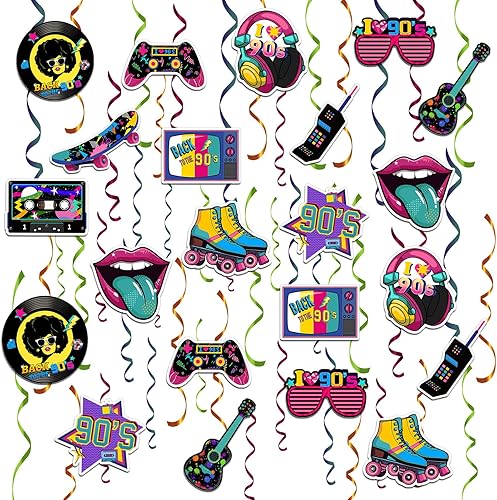 48 espirales colgantes de los años 90 para adultos, decoraciones de fiesta de regreso a los 90, decoración de cumpleaños temática de los años 80,