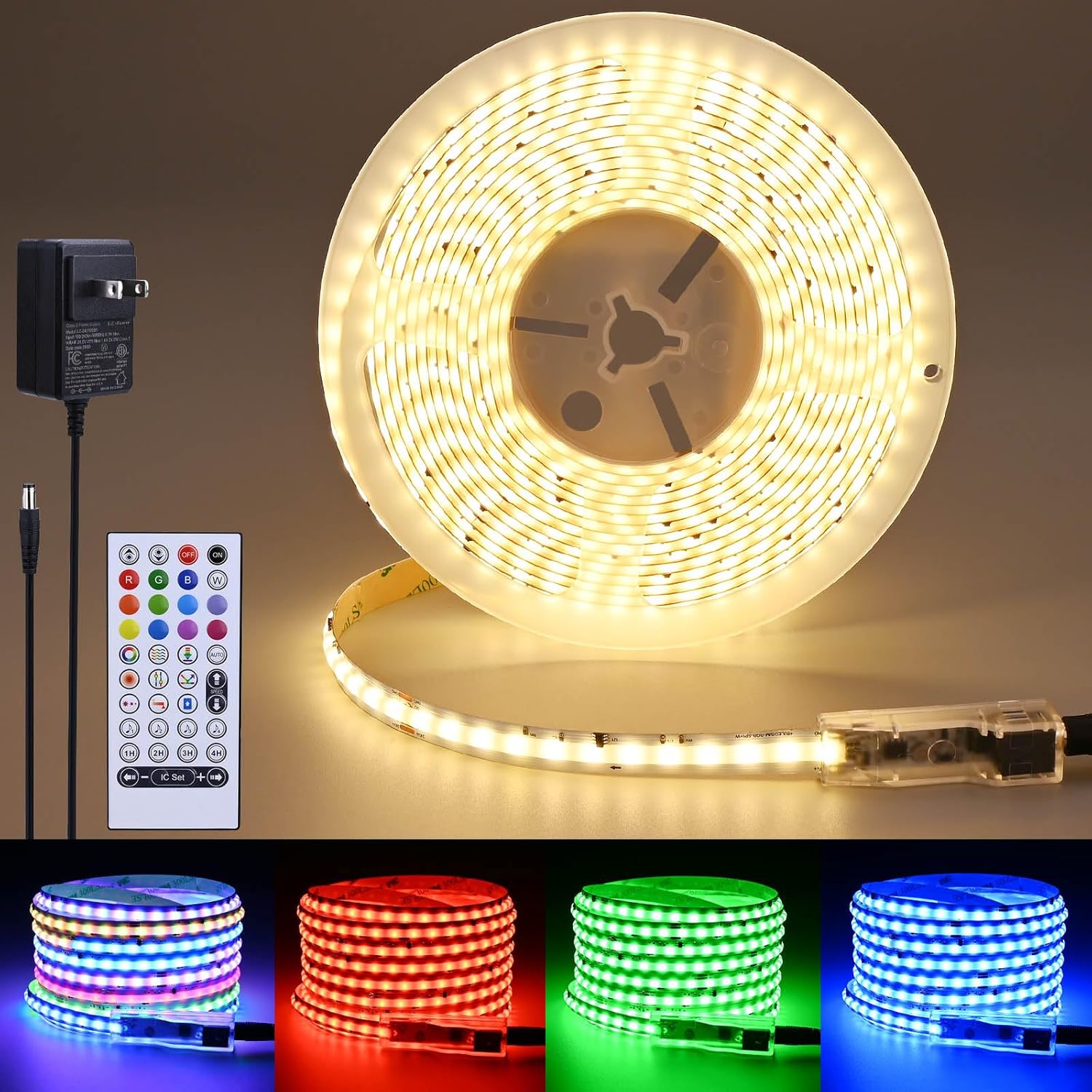 RGBW IC Warm White 3000K 24V COB LED Strip 16.4ft WS2811 Addressable Color Changing Multicolor RGB+WW LED Tape Lights Kit for Bedroom,Gaming Room,Party Lights