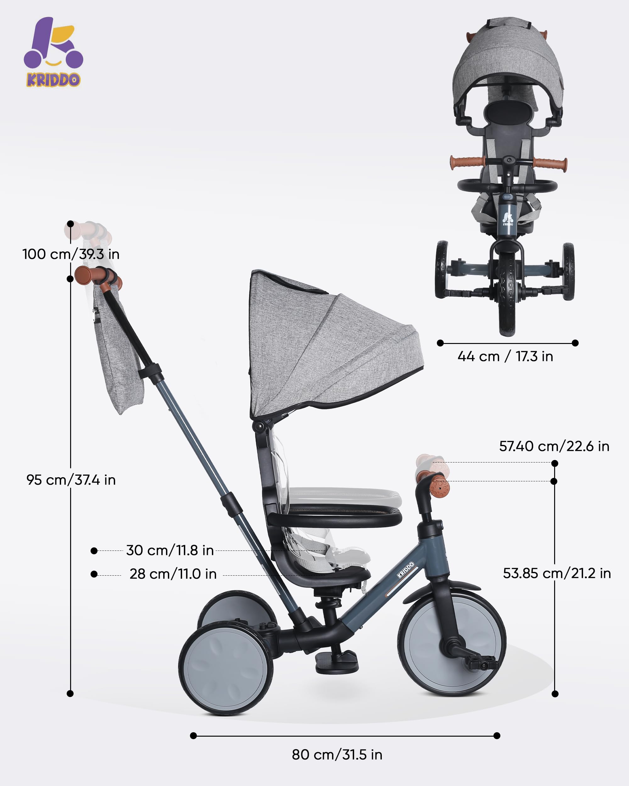 KRIDDO 8-in-1 Kinderdreirad für 1,5–5 Jahre, umwandelbares Dreirad & Laufrad mit Schubstange, 5-Punkt-Gurt, faltbarem Verdeck und Aufbewahrungstasche, Grau