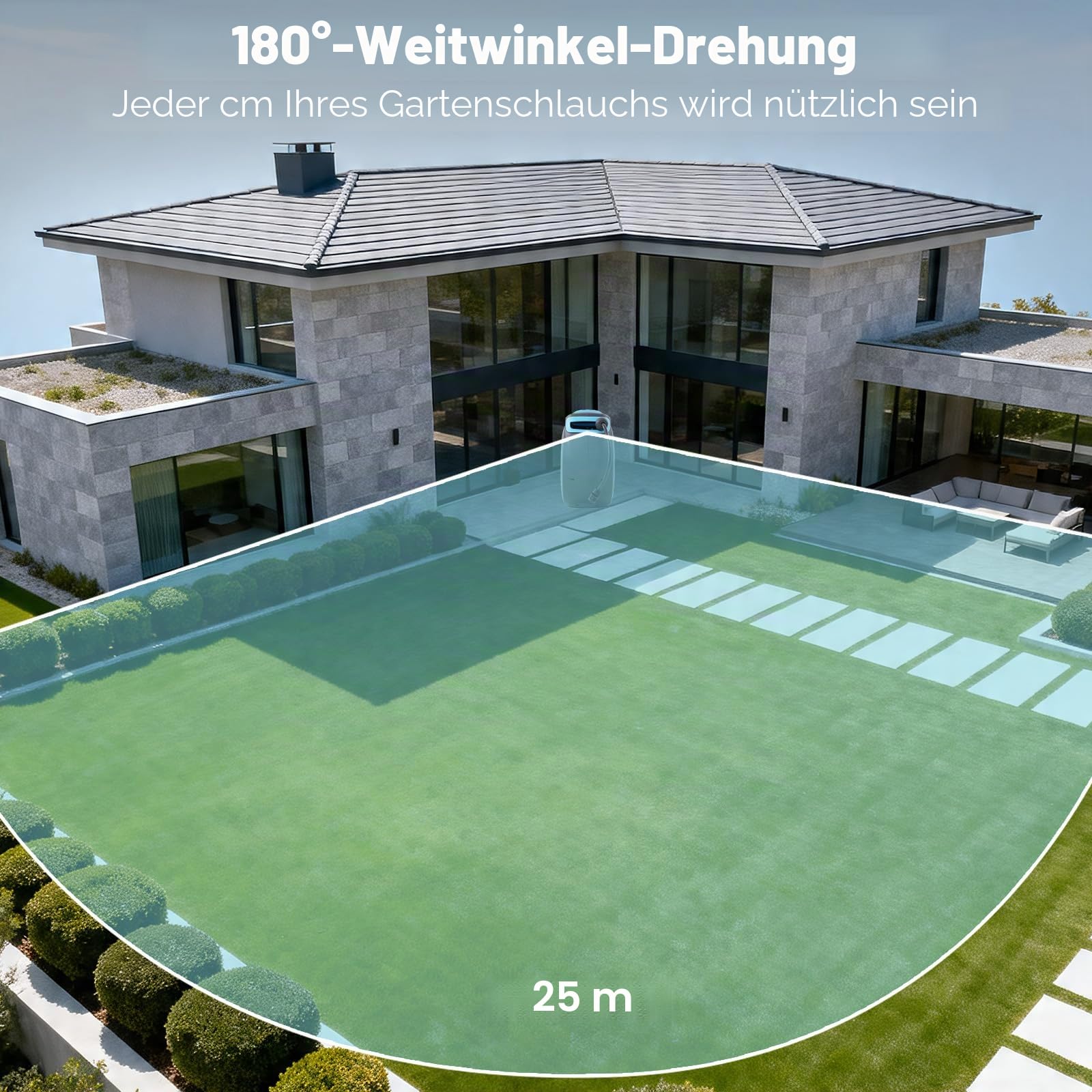 OUTIGO automatische Schlauchtrommel Wasser 25m, 180° schwenkbar mit Wandhalterung und Tragegriff, Schlauchaufroller mit 8-Muster-Sprühdüse und Aufroll-Automatik, zum Gießen und Autowaschen