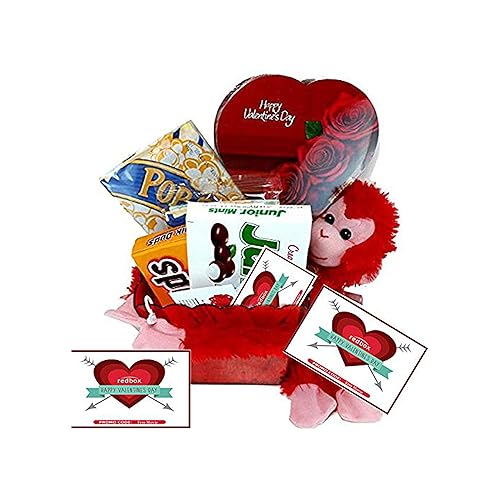 Cesta de regalo de noche de cine para el día de San Valentín, incluye una caja de chocolates, palomitas de maíz, caramelos de concesión, un mono