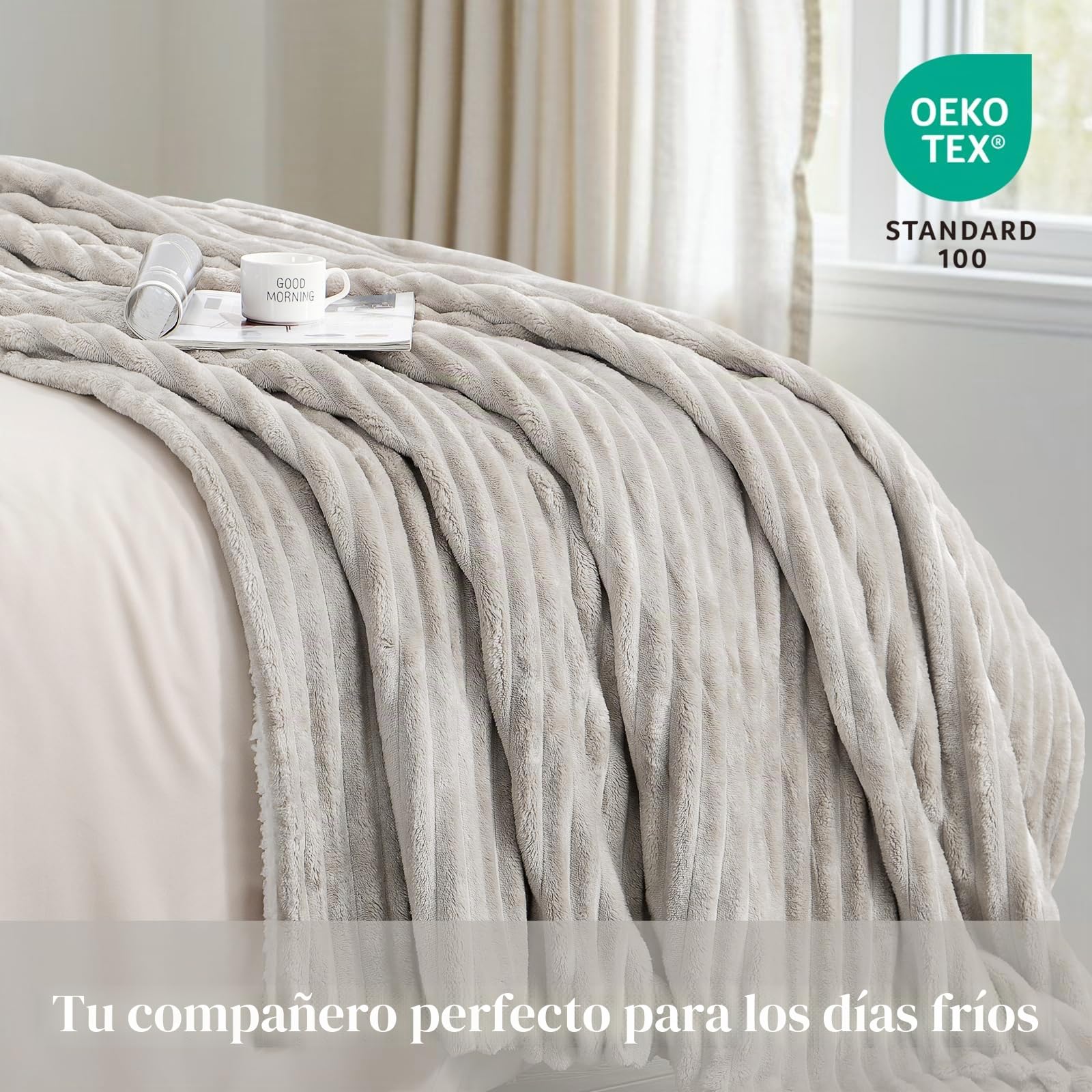 Aisbo Manta Cama Invierno para Cama 90/135, Sherpa Franela Reversible Polar con Cordón para Sofá, Borreguito Gruesa, Suave, Caliente, Sillón, Transpirable para Invierno (Beige, 150 x 200 cm)