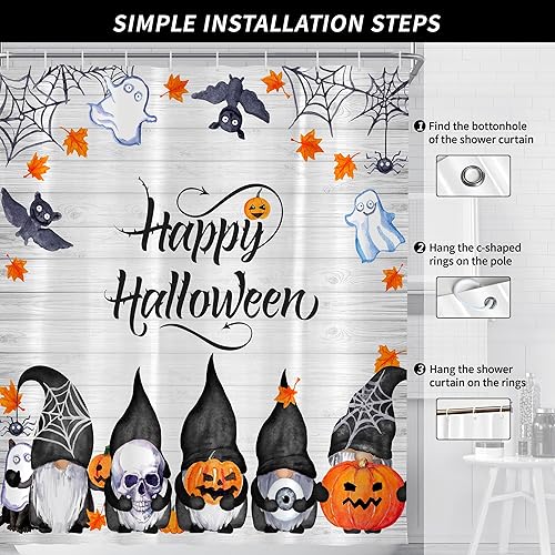 Miniatura 6 de Cortina de ducha de Halloween con diseño de gnomos divertidos y espeluznantes calabazas para baño, 72 pulgadas de ancho x 72 pulgadas de alto,